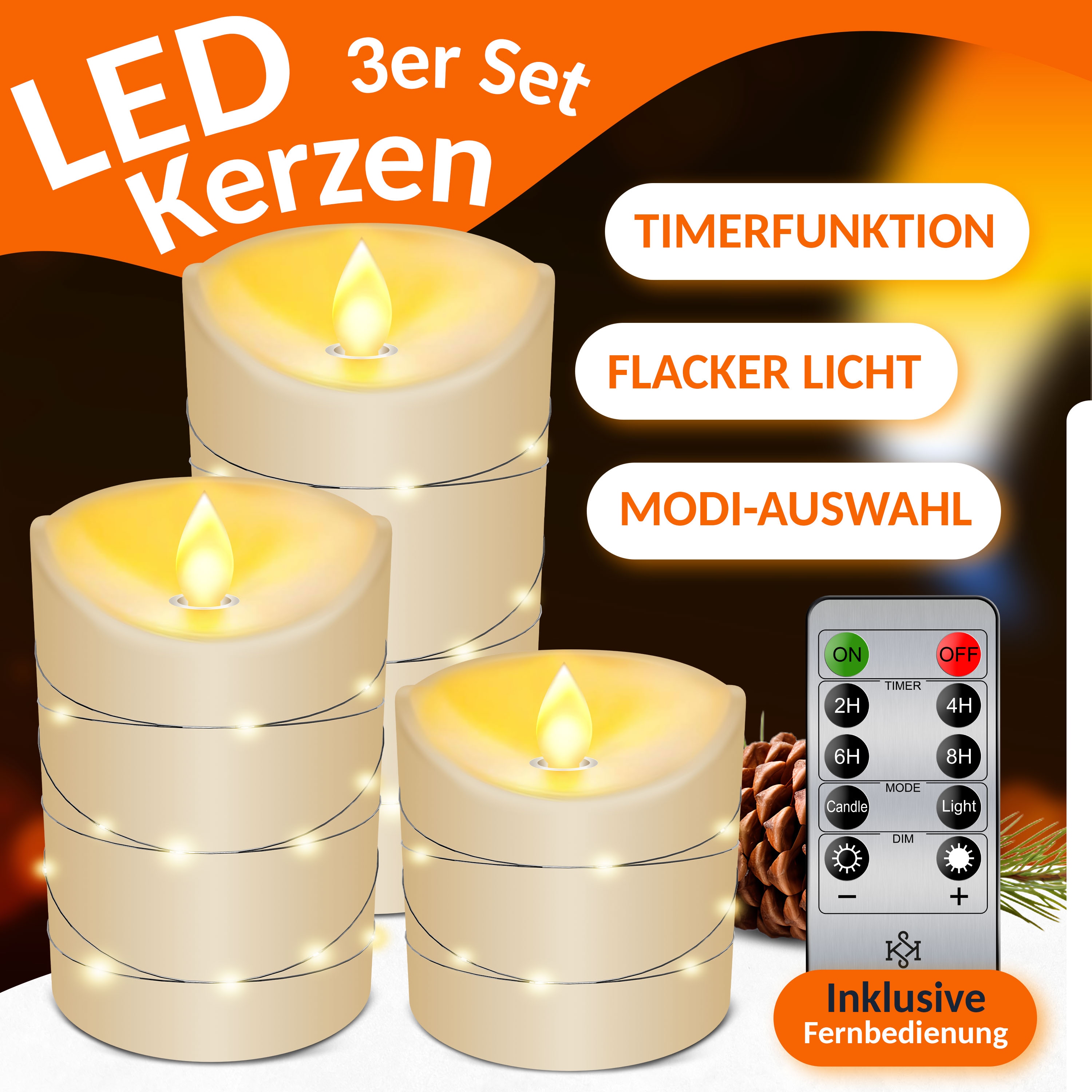 KESSER&reg; LED Kerzen Set Flammenlose Kerze mit Fernbedienung Timerfunktion Timer Dimmer Echtwachskerze Realistisch Flackernde Led-Flammen Echtwachs mit Kordel Deko 