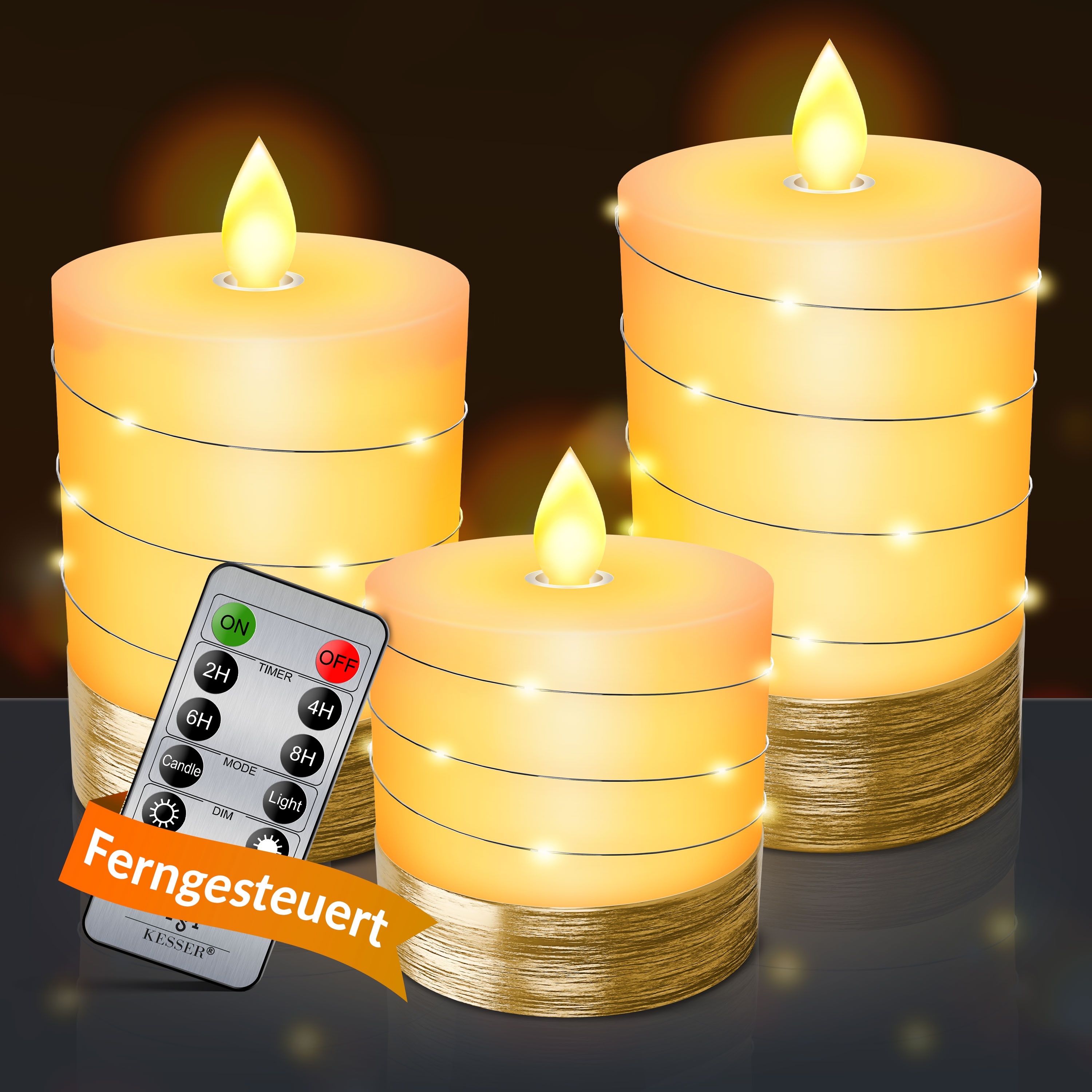 KESSER&reg; LED Kerzen Set Flammenlose Kerze mit Fernbedienung Timerfunktion Timer Dimmer Echtwachskerze Realistisch Flackernde Led-Flammen Echtwachs mit Kordel Deko 