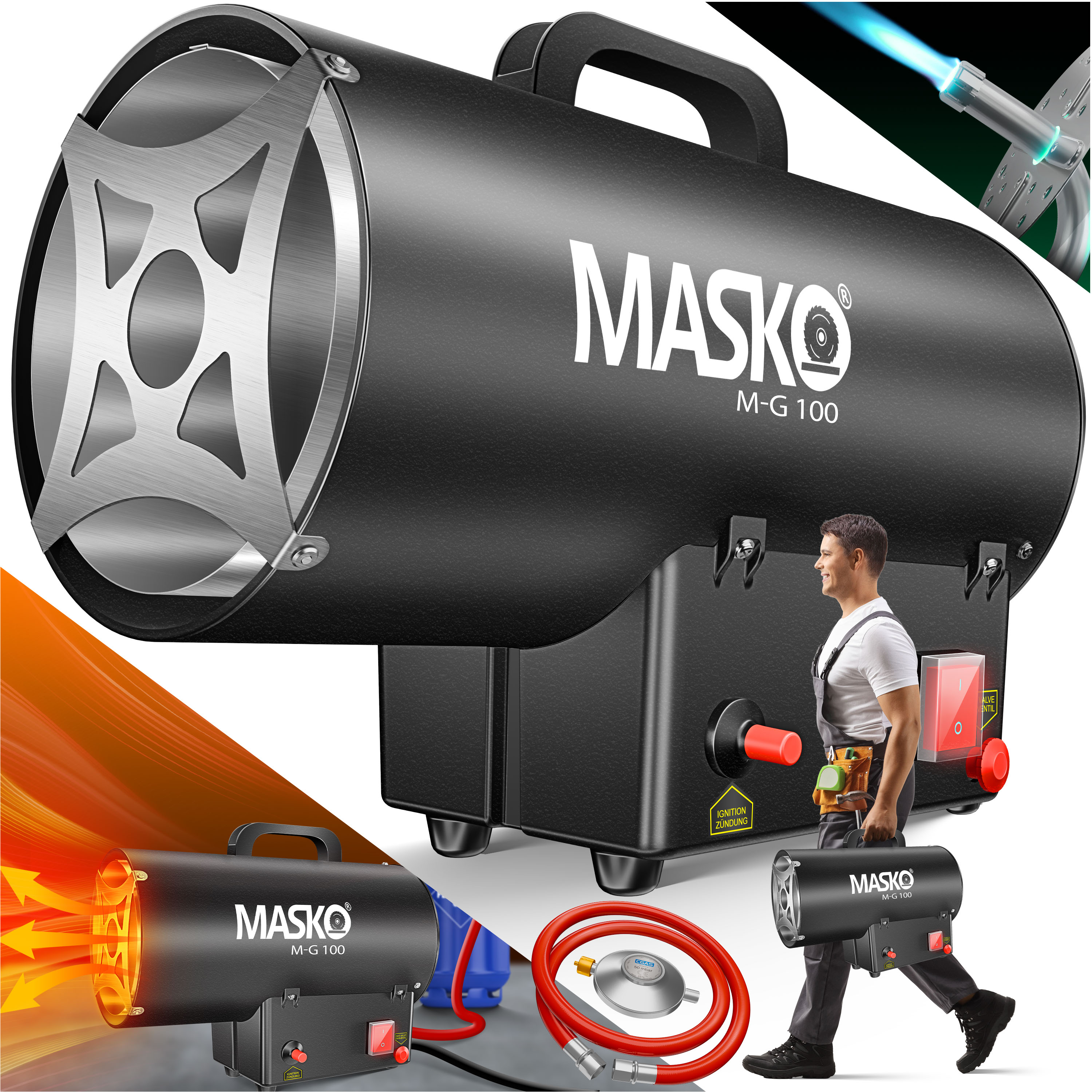 MASKO&reg; Gasheizgebl&auml;se Gasheizer Heizkanone Gasheizstrahler Bauheizer Gas Heizger&auml;t heizstrahler Hei&szlig;luftgenerator inkl. Gasschlauch & Druckminderer Heizgebl&auml;se f&uuml;r handels&uuml;bliche Gasflaschen 