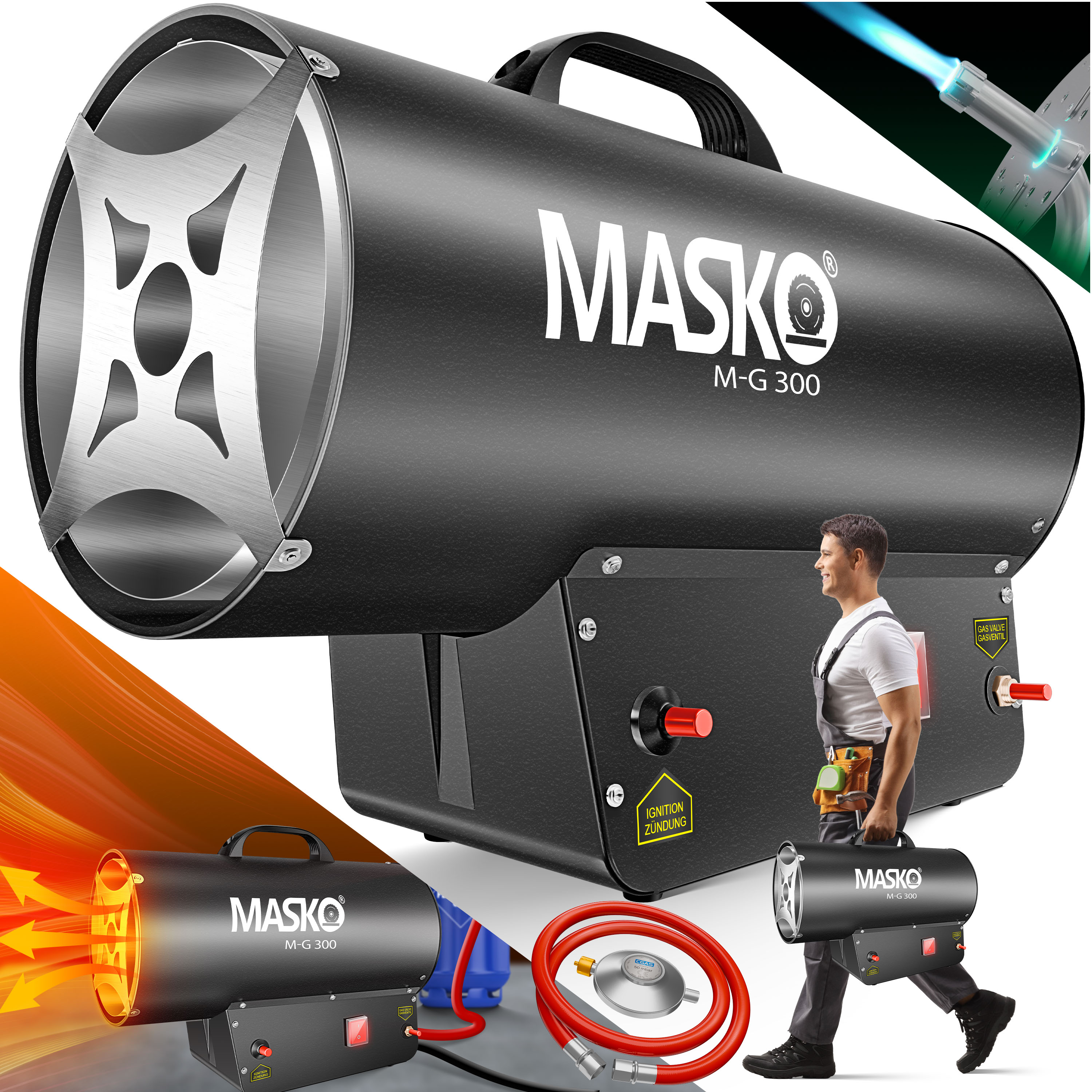 MASKO&reg; Gasheizgebl&auml;se Gasheizer Heizkanone Gasheizstrahler Bauheizer Gas Heizger&auml;t heizstrahler Hei&szlig;luftgenerator inkl. Gasschlauch & Druckminderer Heizgebl&auml;se f&uuml;r handels&uuml;bliche Gasflaschen 