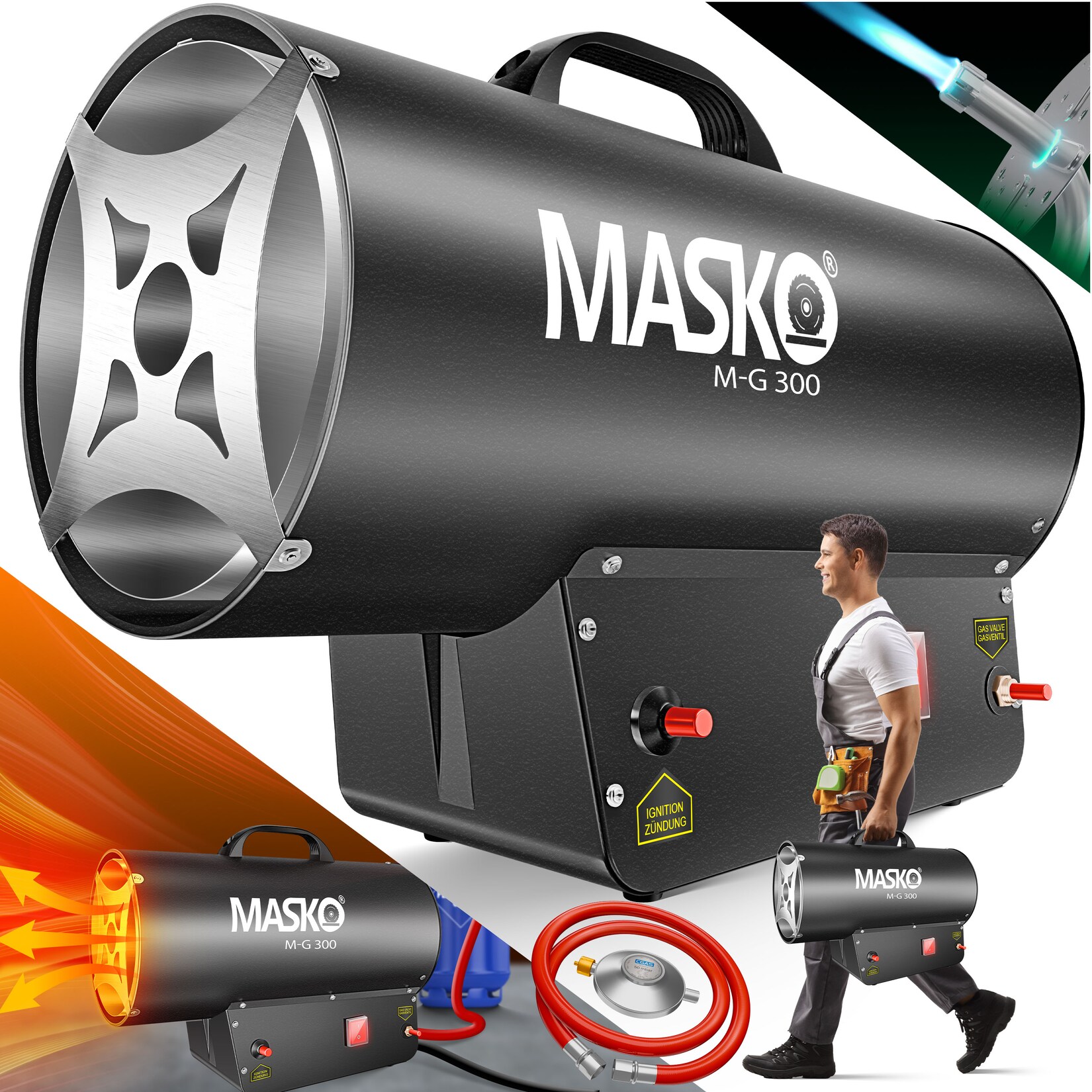 ® Gasheizgebläse Gasheizer Heizkanone Gasheizstrahler Bauheizer Gas Heizgerät heizstrahler Heißluftgenerator inkl. Gasschlauch & Druckminderer Heizgebläse für handelsübliche Gasflaschen