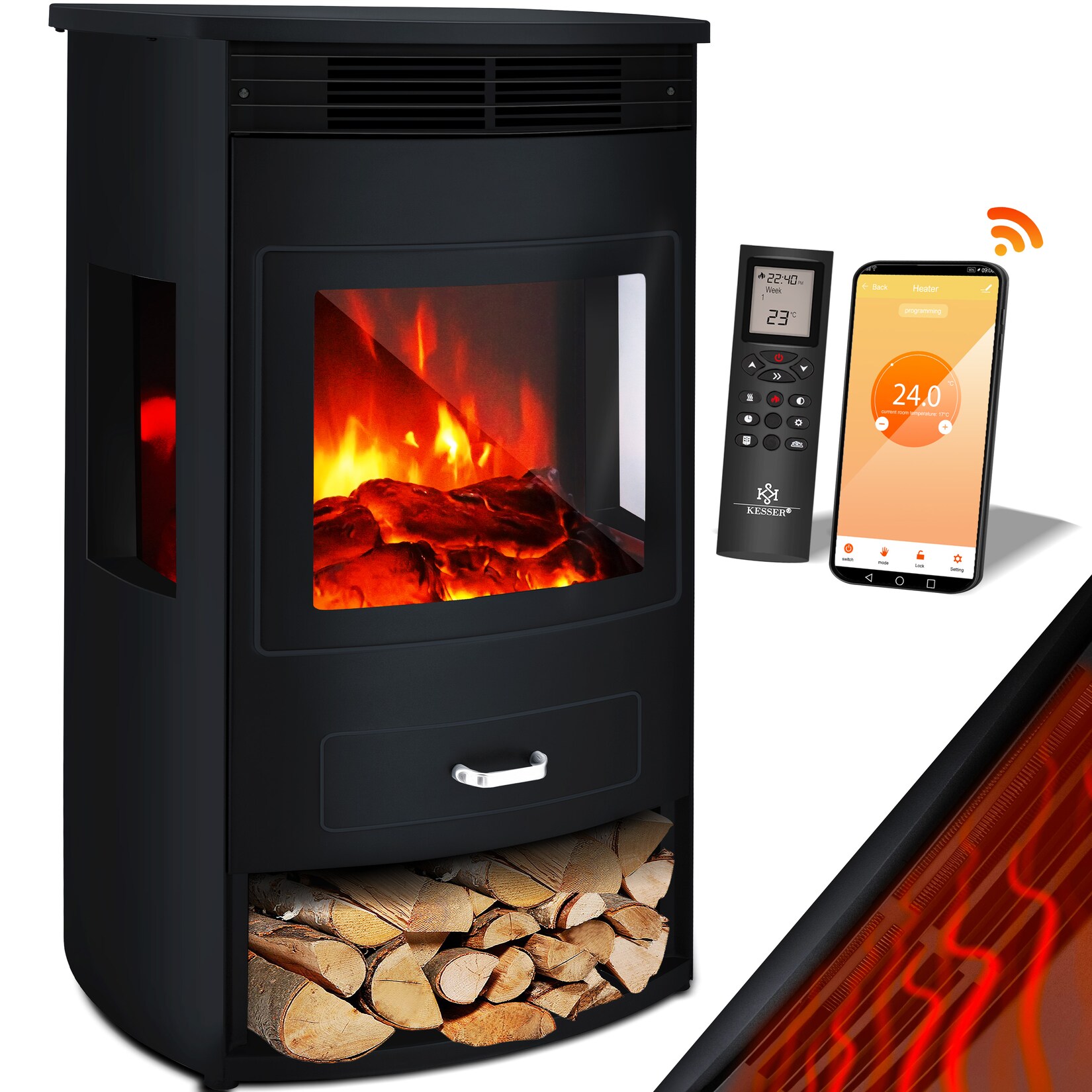 KESSER® Prio Elektrokamin mit Heizung Heizlüfter Fernbedienung WiFi App 950/1900 W Kamin elektrisch LED-Flammeneffekt Kaminfeuer Elektro Kamin mit Thermostat  Panorama-Sichtfenster Heizfunktion Timer