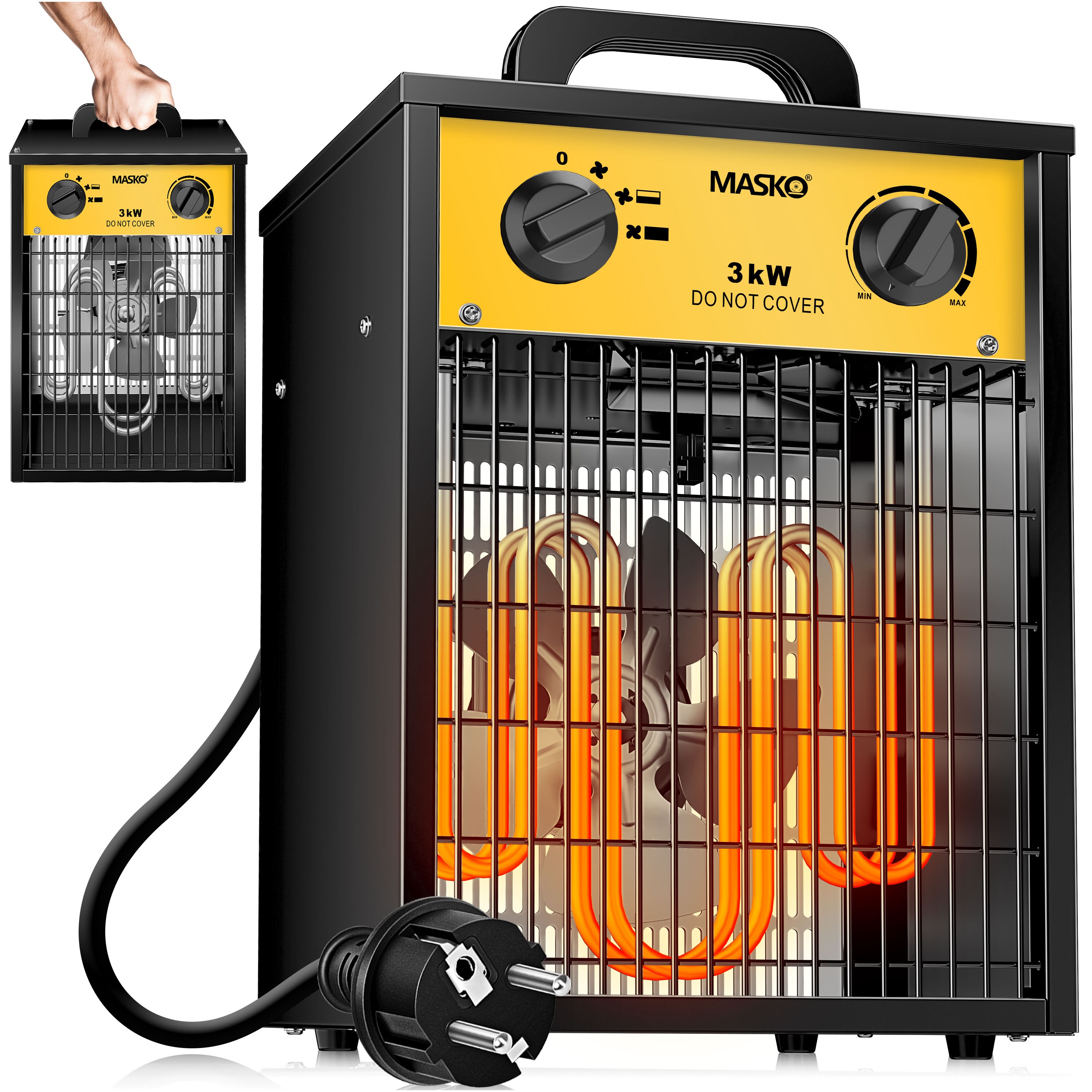 MASKO&reg; Elektroheizer Heizl&uuml;fter Bauheizer mit integriertem Thermostat elektrisch Heizger&auml;t mit 3 Heizstufen Heizgebl&auml;se f&uuml;r Innen- und Au&szlig;eneinsatz &Uuml;berlastschutz Elektroheizgebl&auml;se 