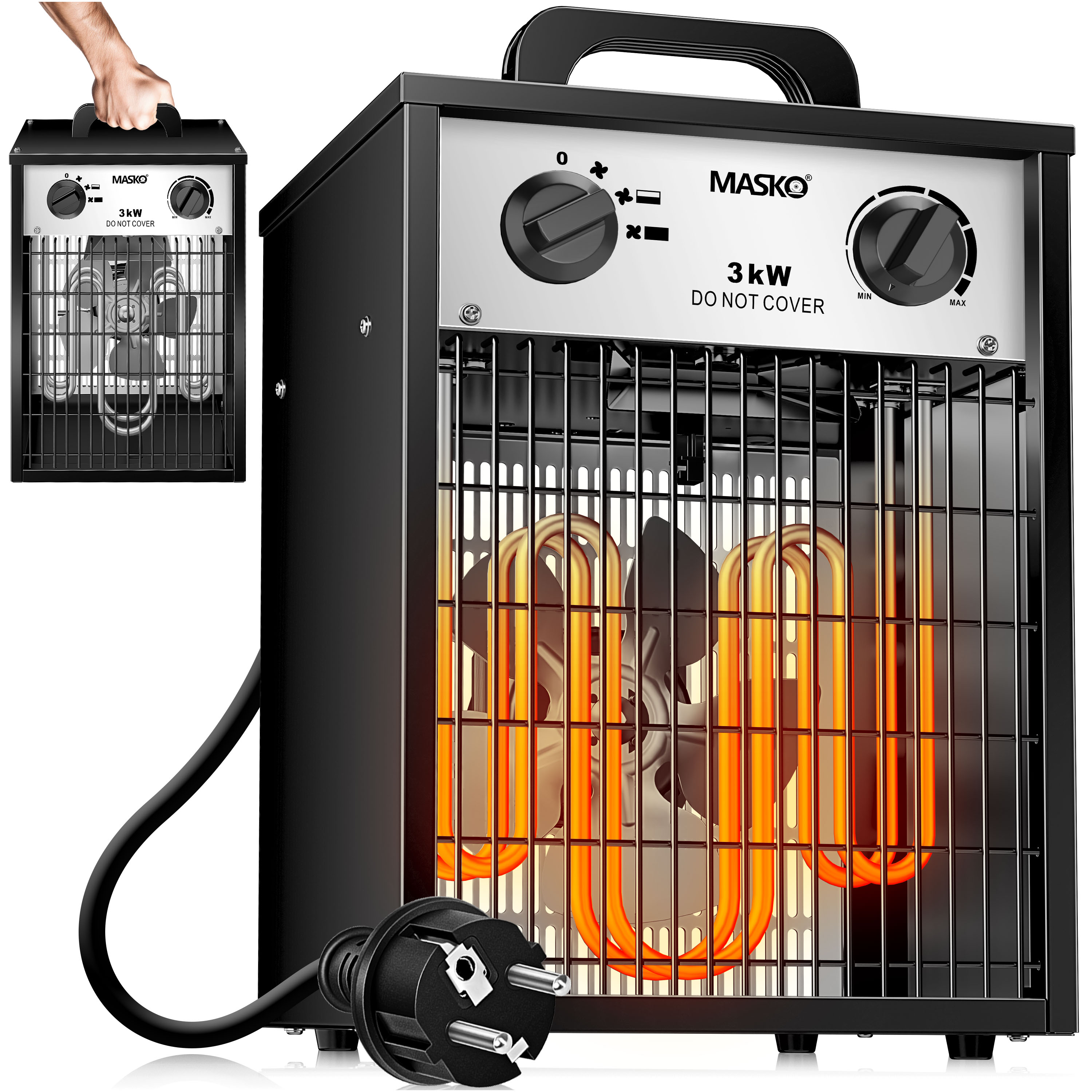 MASKO&reg; Elektroheizer Heizl&uuml;fter Bauheizer mit integriertem Thermostat elektrisch Heizger&auml;t mit 3 Heizstufen Heizgebl&auml;se f&uuml;r Innen- und Au&szlig;eneinsatz &Uuml;berlastschutz Elektroheizgebl&auml;se 
