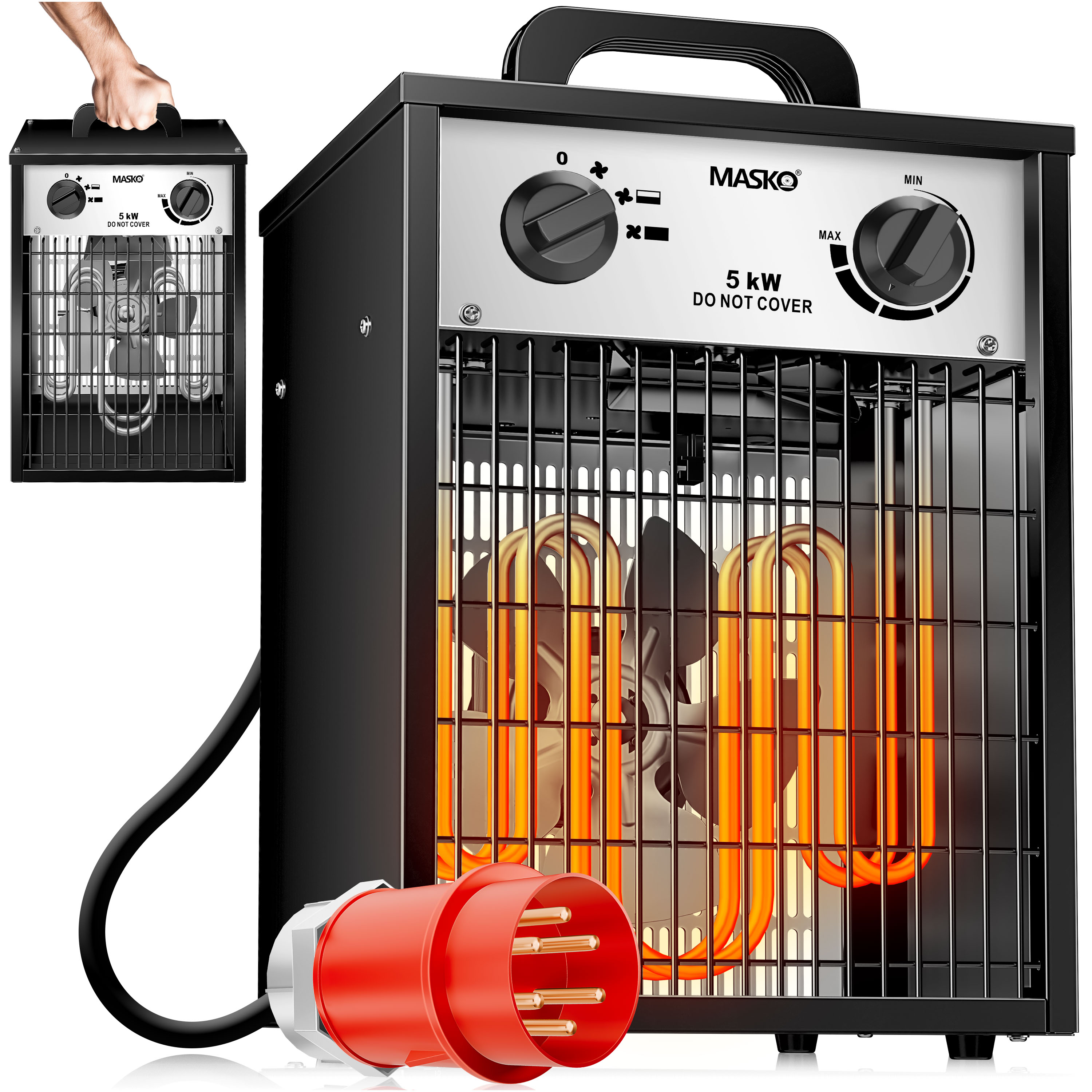 MASKO&reg; Elektroheizer Heizl&uuml;fter Bauheizer mit integriertem Thermostat elektrisch Heizger&auml;t mit 3 Heizstufen Heizgebl&auml;se f&uuml;r Innen- und Au&szlig;eneinsatz &Uuml;berlastschutz Elektroheizgebl&auml;se 