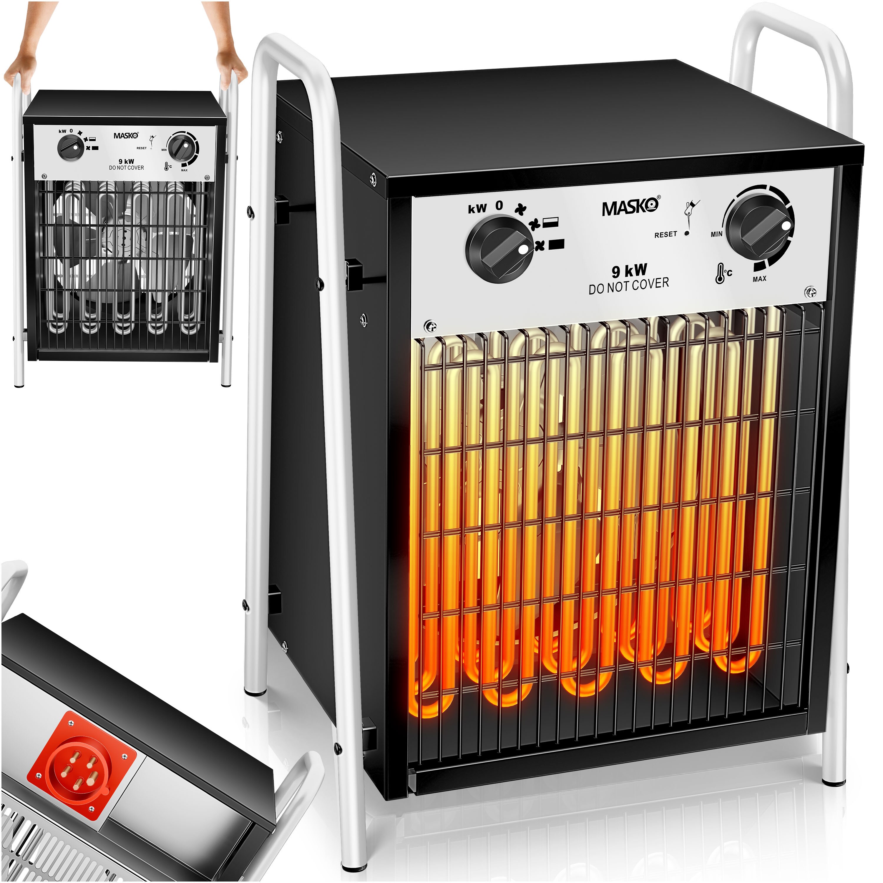 MASKO&reg; Elektroheizer Heizl&uuml;fter Bauheizer mit integriertem Thermostat elektrisch Heizger&auml;t mit 3 Heizstufen Heizgebl&auml;se f&uuml;r Innen- und Au&szlig;eneinsatz &Uuml;berlastschutz Elektroheizgebl&auml;se 