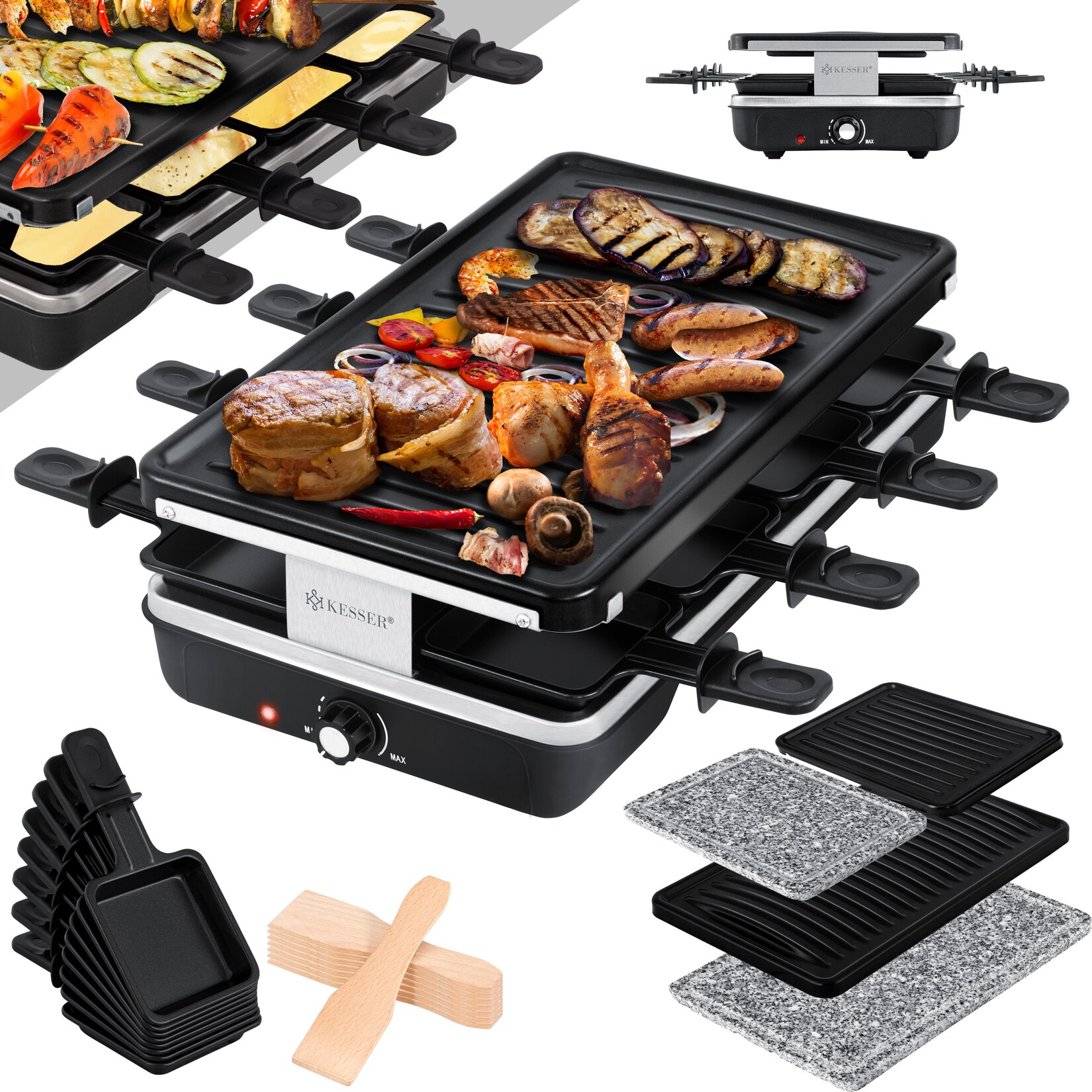 ® Raclette-Grill mit Naturgrillstein, Grillplatte Tischgrill für 8 Personen, Elektrogrill Raclette Grill antihaftbeschichteter Grillplatte, 8 Pfannen und Holzspatel 1200W