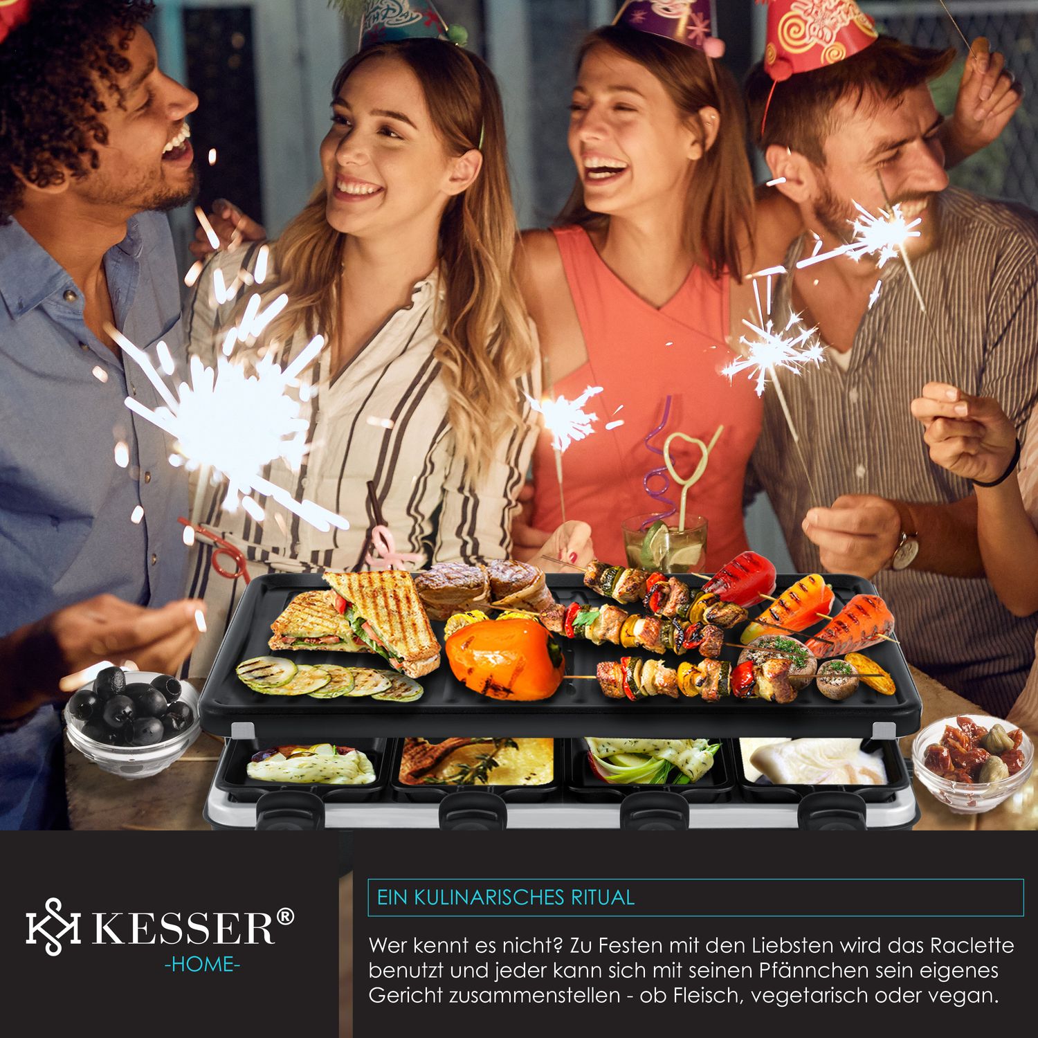KESSER® Raclette-Grill mit Naturgrillstein, Grillplatte Tischgrill für 8 Personen, Elektrogrill Raclette Grill antihaftbeschichteter Grillplatte, 8 Pfannen und Holzspatel 1200W bei online bestellen