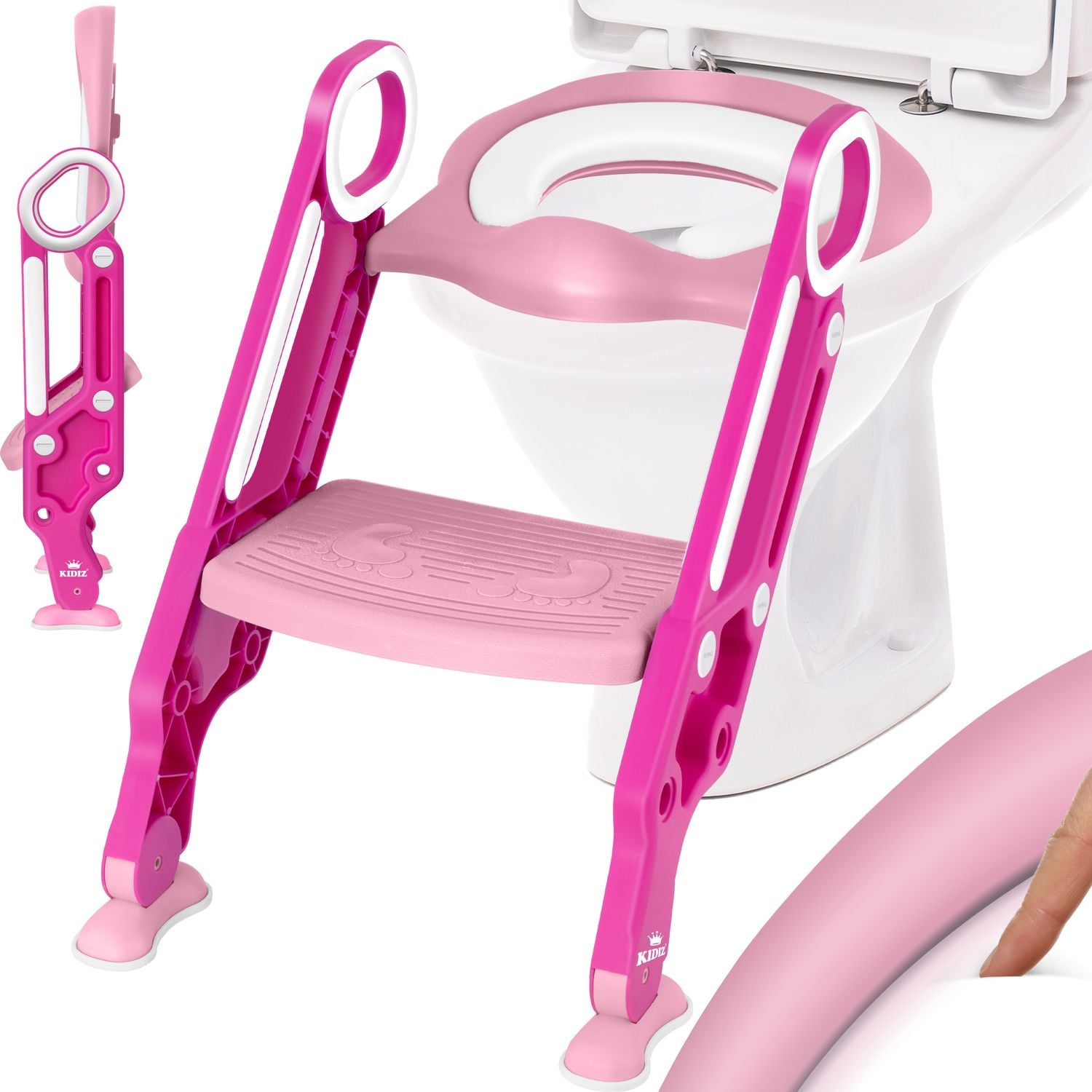 KIDIZ&reg; Kinder Toilettensitz Toilettentrainer mit Treppe und Griffe Faltbar Kindertoilette WC Sitz T&ouml;pfchentrainer Lernt&ouml;pfchen bequemem Kissen und breiten Stufen Toilettentreppe h&ouml;henverstellbar 