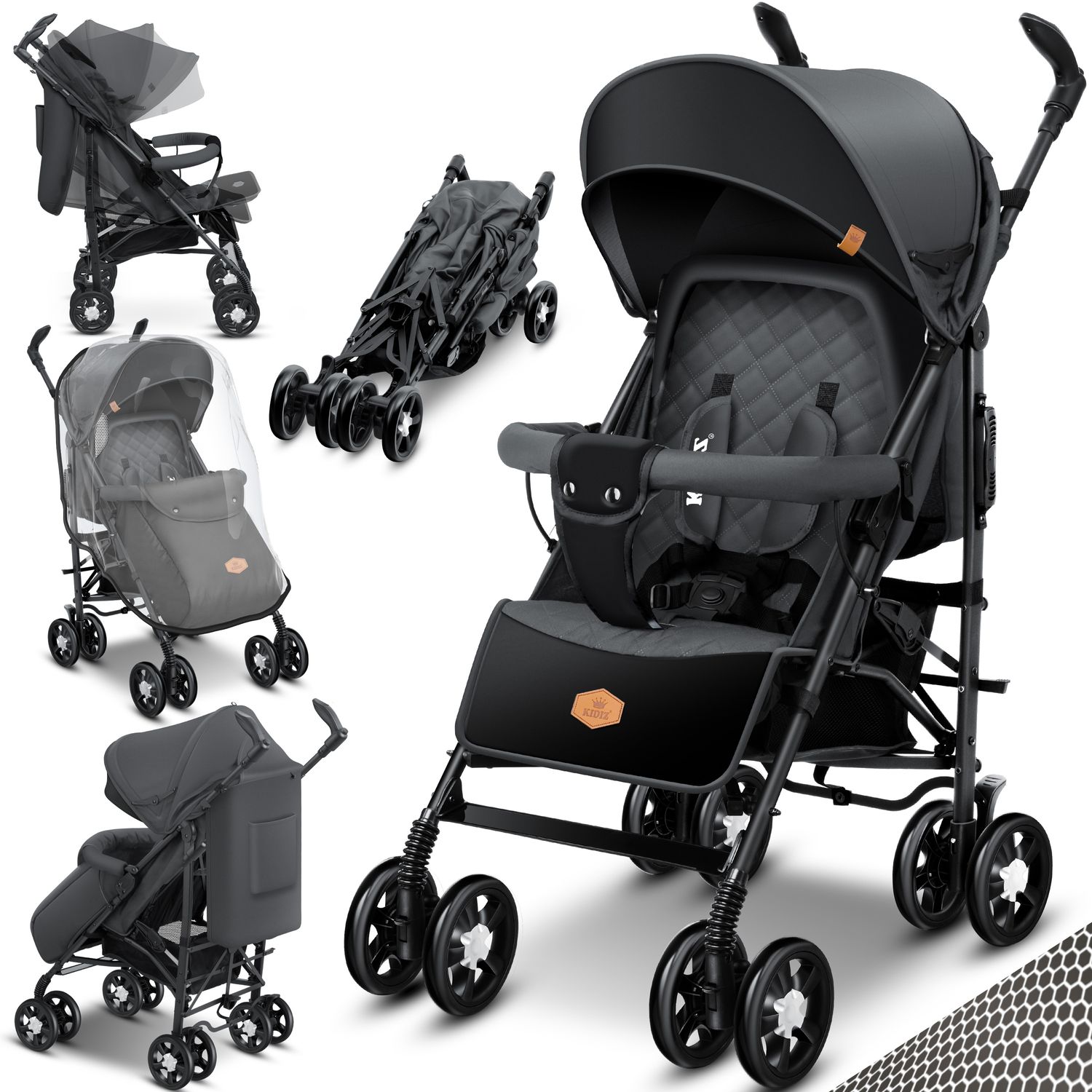 KIDIZ&reg; Kinderwagen City-Pro Buggy Kinderbuggy klappbar Liegebuggy Sportwagen Faltbar 360&deg; 6-Zoll-R&auml;dern Inkl. Moskitonetz , Fu&szlig;sack und Regenverdeck zusammenklappbar Schlaffunktion 