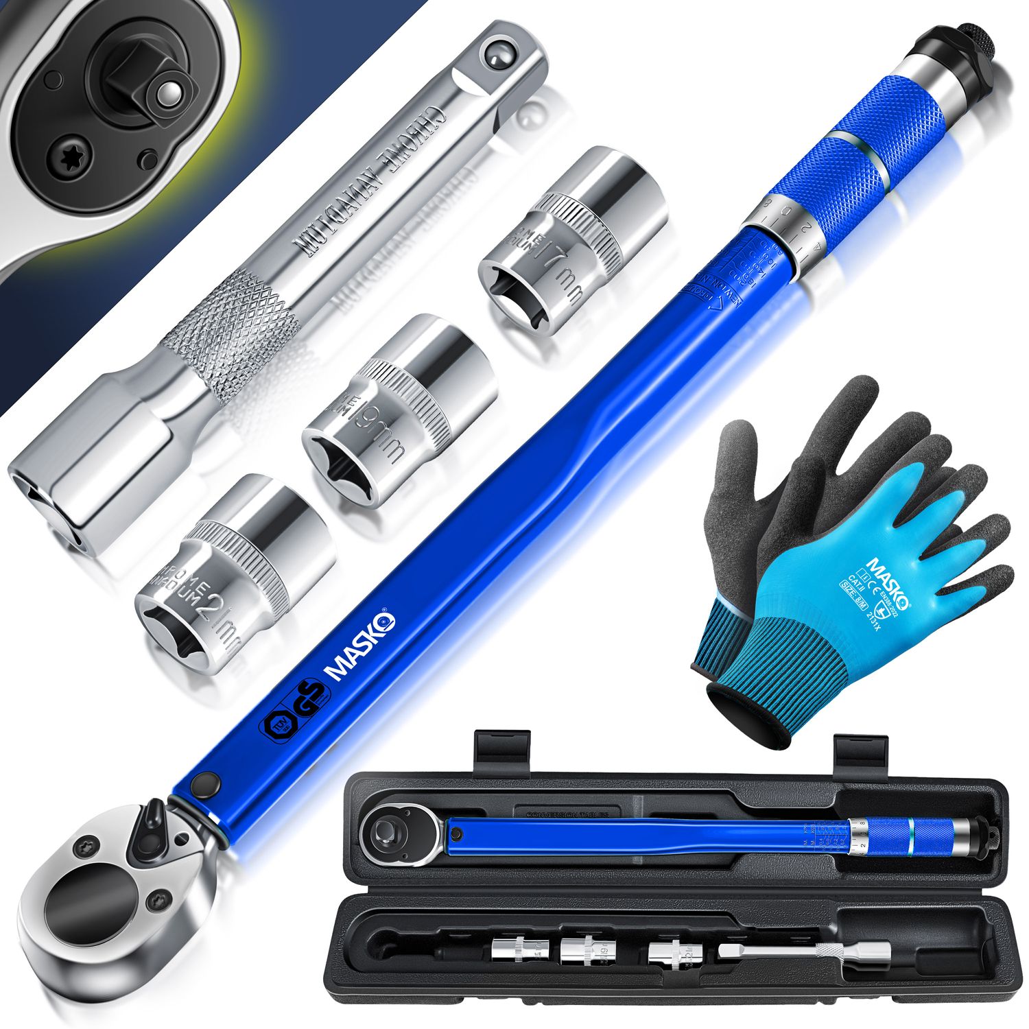 MASKO&reg; Drehmomentschl&uuml;ssel 6tlg. Set 40-210Nm 1/2 ' CV inkl. 3 Steckn&uuml;ssen 17mm, 19mm, 21mm  und Verl&auml;ngerung 125mm  inkl. Koffer +/- 4% Toleranz  Reifenschl&uuml;ssel Auto Drehmoment-Schl&uuml;ssel 