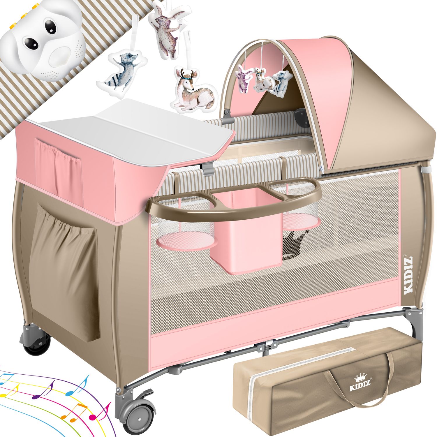 KIDIZ&reg; Babybett Reisebett Kinderreisebett Faltbar mit Matratze 120x60, Seiteneingang, Wickelauflage, Mosktionetz, Spielbogen & Tragetasche Baby Beistellbett Kinderbett ab Geburt bis 15 kg 