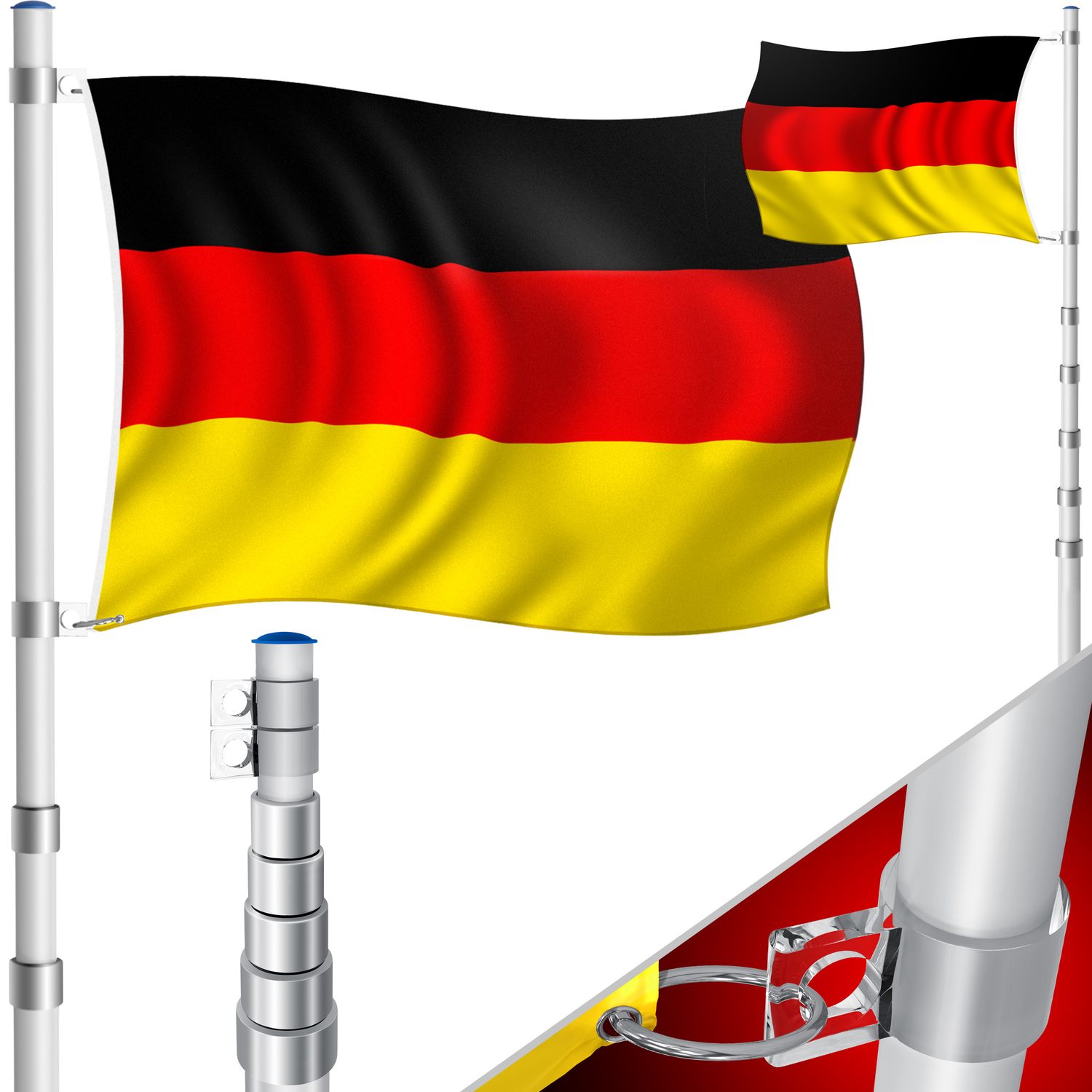 KESSER&reg; Teleskop Fahnenmast Aluminium 6,30m Bodenh&uuml;lse 60cm inkl Deutschlandfahne H&ouml;henverstellbar Flaggenmast Mast Deutschland Flagge Alu 