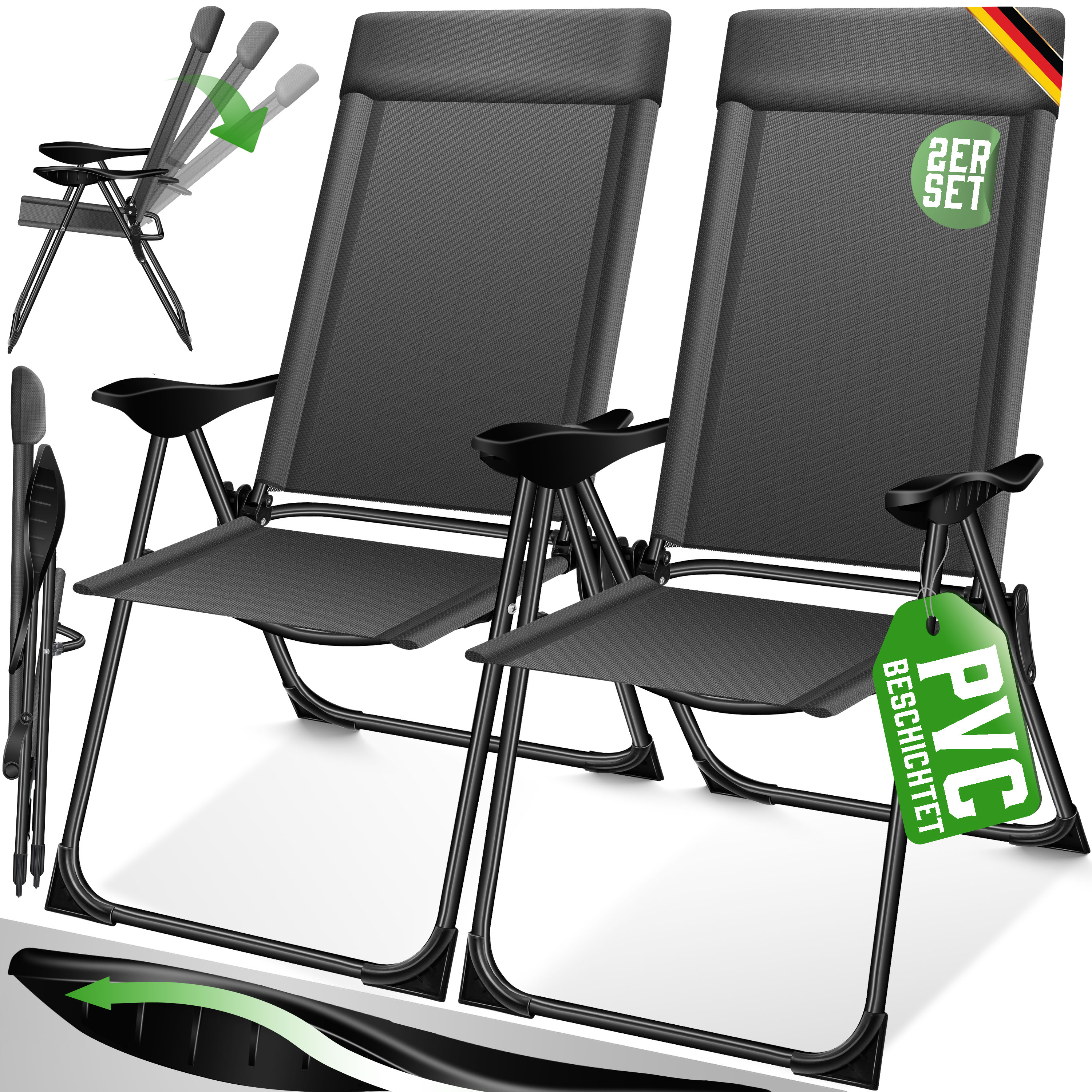 KESSER&reg; 2er Set Gartenstuhl Hochlehner Alu Klappstuhl 7-Fach Verstellbar mit Armlehnen Atmungsaktiv klappbar Campingstuhl Balkonstuhl Klappsessel Garten Terrasse 