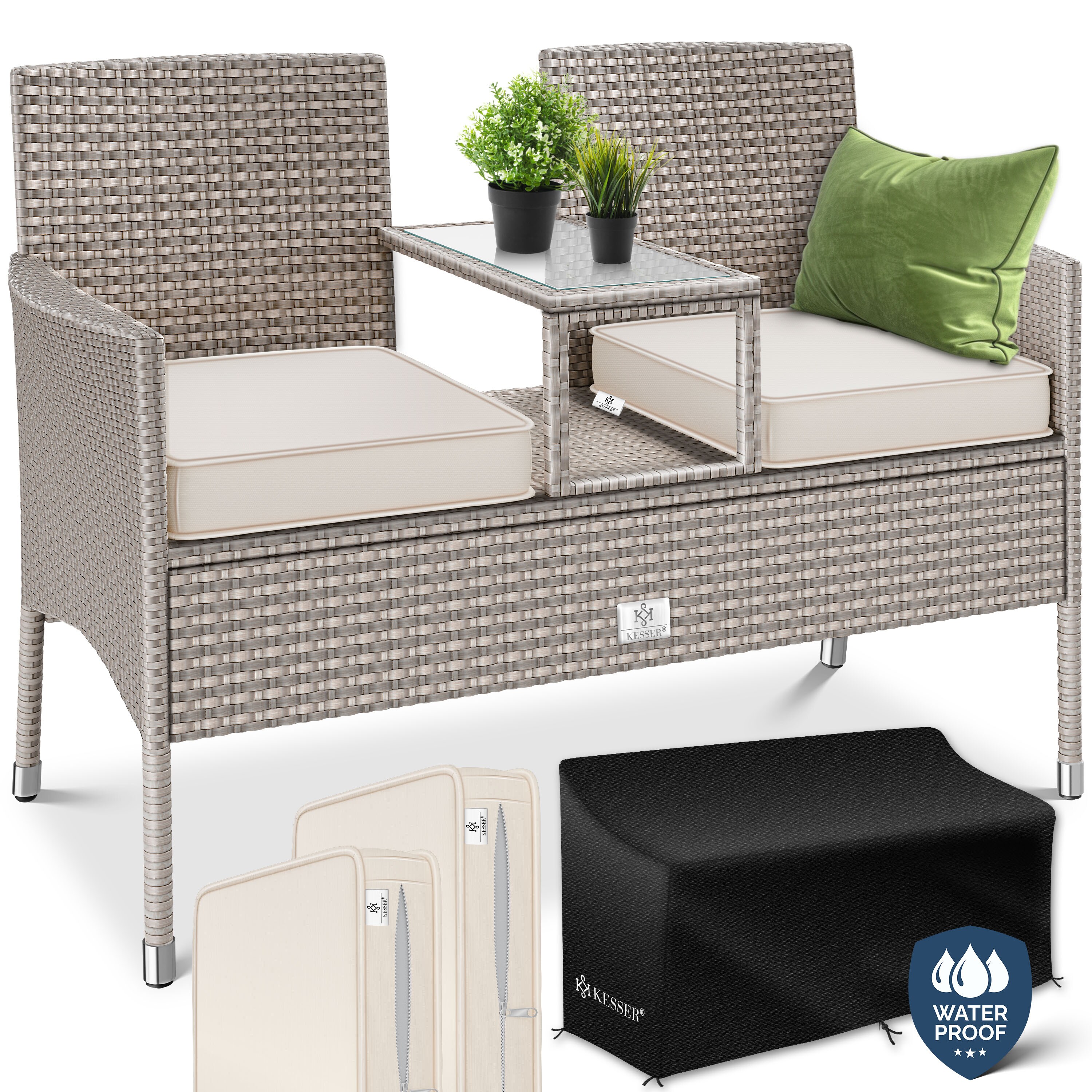 KESSER&reg; Polyrattan Gartenbank 2-Sitzer Bank mit integriertem inkl. Tisch & Kissen - 133 &times; 55 &times; 84 cm - Rattan Sitzbank Garten Balkon Gartensofa wetterfest Sitzgruppe Ultra Stabile 
