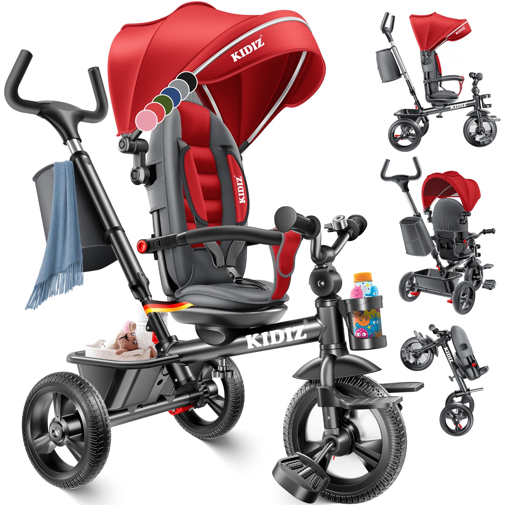 ® Dreirad 5in1 Kinderdreirad mit Schubstange Lenksystem Stange ab 1 Jahr vorwärts und Rückwärtsfahrt Jogger ,  Korb Tasche Getränkehalter Sonnendach Gummiräder, Buggy Fahrrad Baby Klappbar
