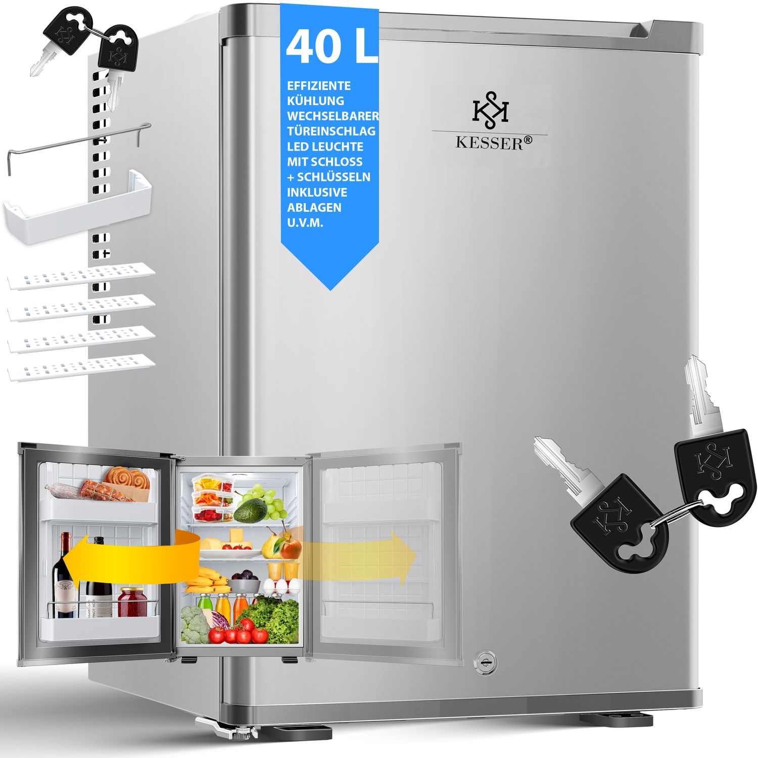 KESSER&reg; Minik&uuml;hlschrank mit Schloss, Minibar 40 Liter Nutzinhalt, Leise 22db, Abschlie&szlig;bar, Schlafzimmer, Wechselbarer T&uuml;ranschlag, ca. 4&deg;-16&deg;C H&ouml;he 57cm, Innenbeleuchtung Tisch-K&uuml;hlschrank 