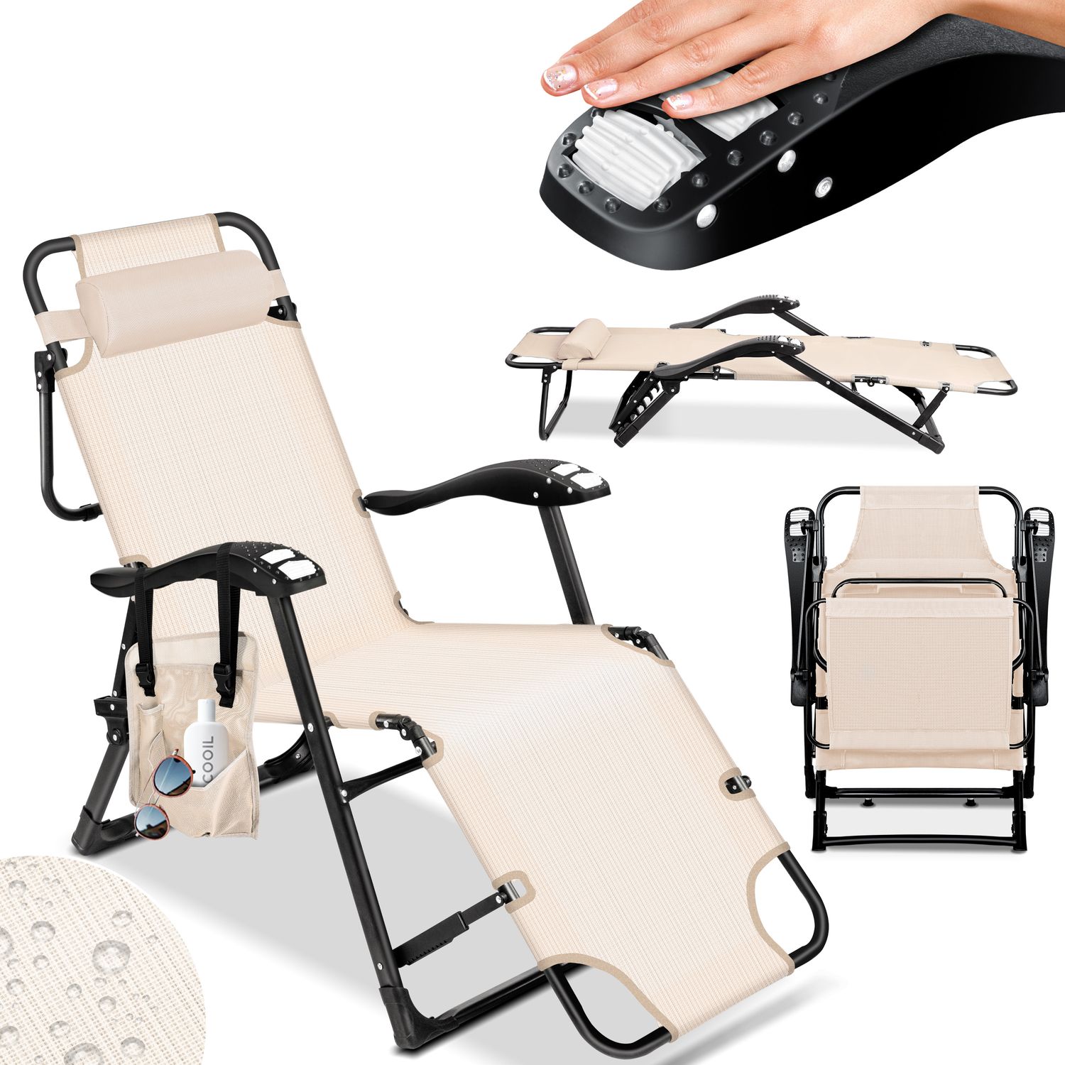 KESSER&reg; Sonnenliege Liegestuhl Gartenliege klappbar Mit Sonnendach Inkl. Kopfkissen, Massagefunktion + Tasche | 5-Fach verstellbar mit Stahlrahmen R&uuml;ckenlehne Armlehnen | Garten Liege Gartenstuhl 
