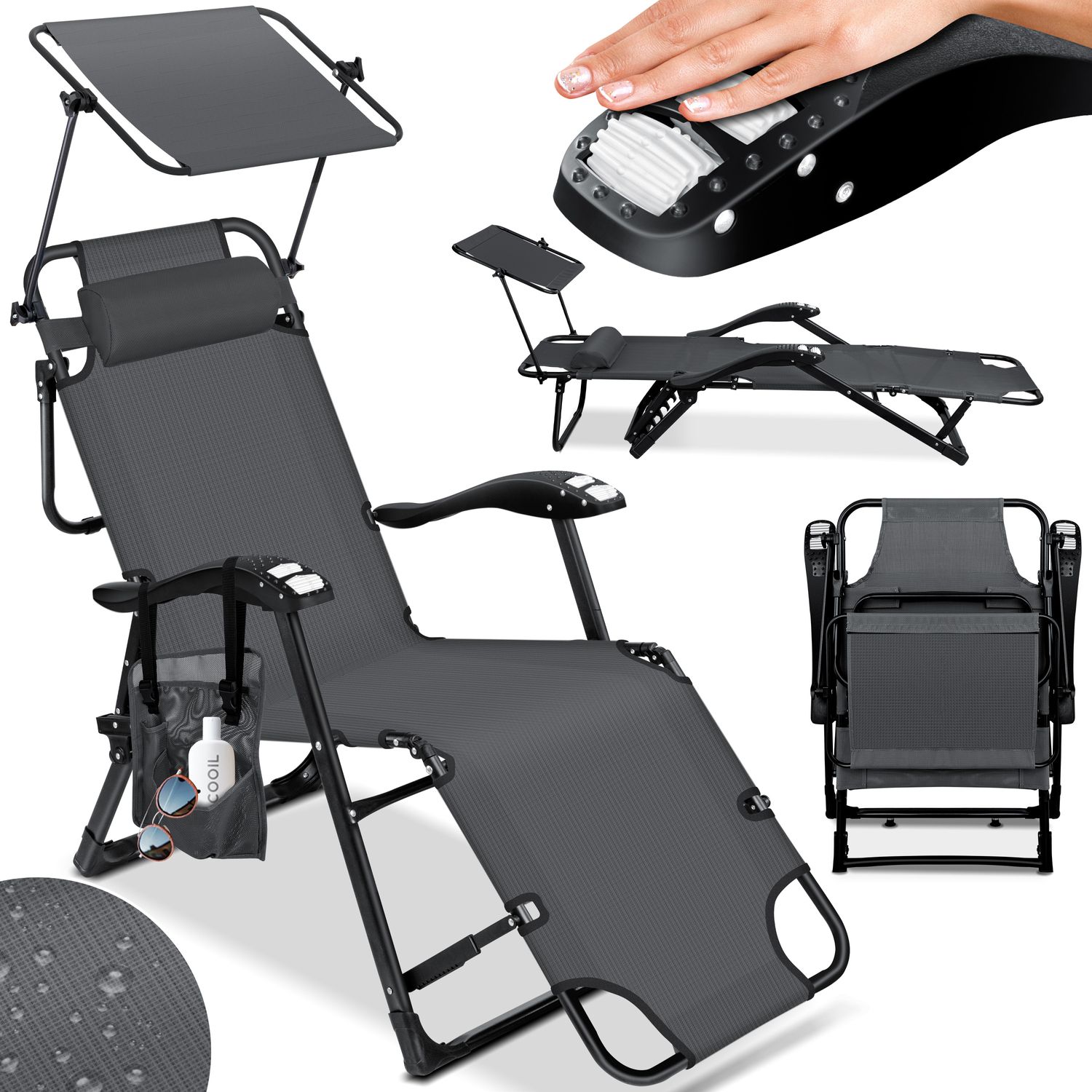 KESSER&reg; Sonnenliege Liegestuhl Gartenliege klappbar Mit Sonnendach Inkl. Kopfkissen, Massagefunktion + Tasche | 5-Fach verstellbar mit Stahlrahmen R&uuml;ckenlehne Armlehnen | Garten Liege Gartenstuhl 