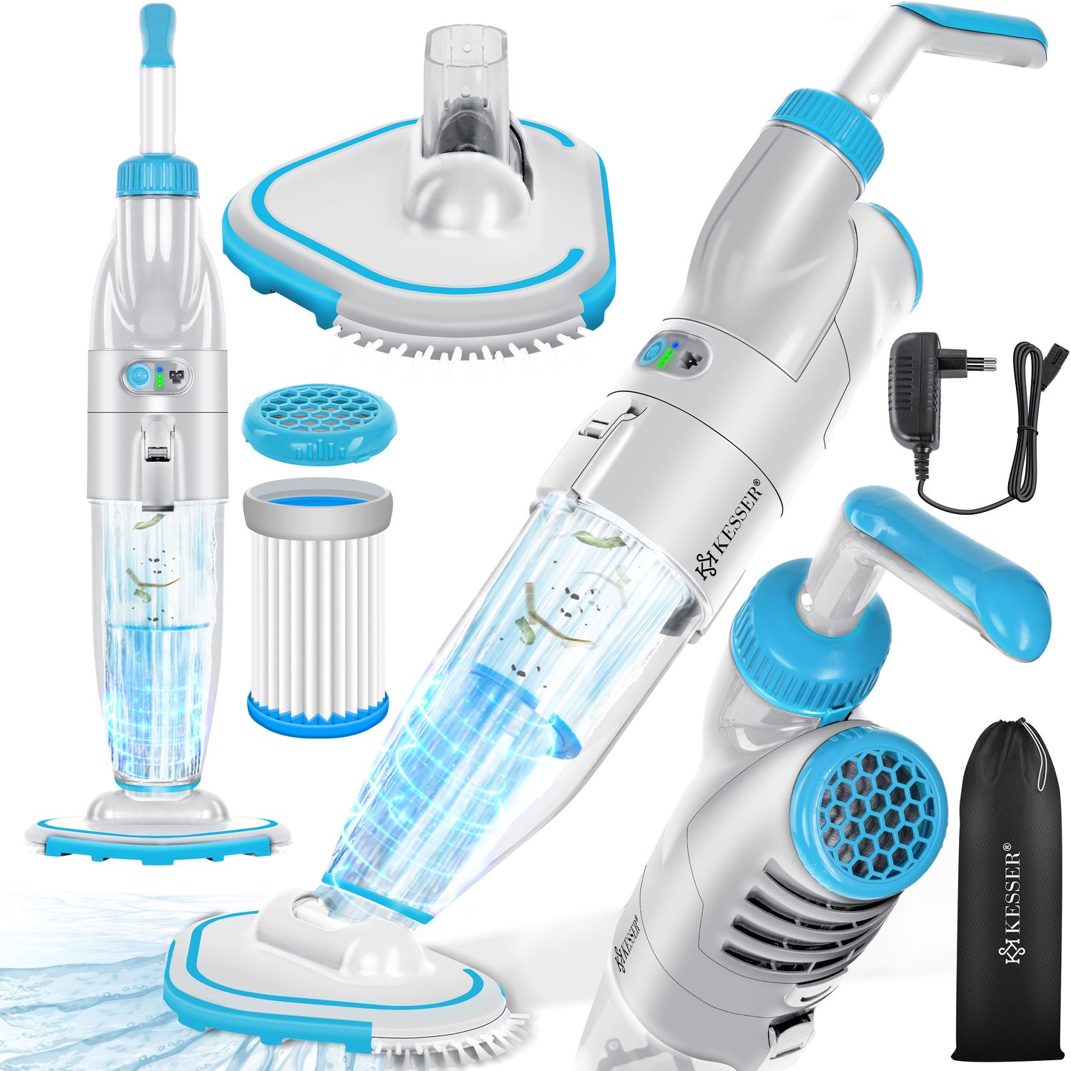 KESSER&reg; Poolsauger mit Akku | elektrisch Pool Bodensauger Handsauger | Poolreiniger mit Filter & 2-Geschwindigkeits-System | Handsauger Reinigungsset kabellos, Inkl. Abdeckung 