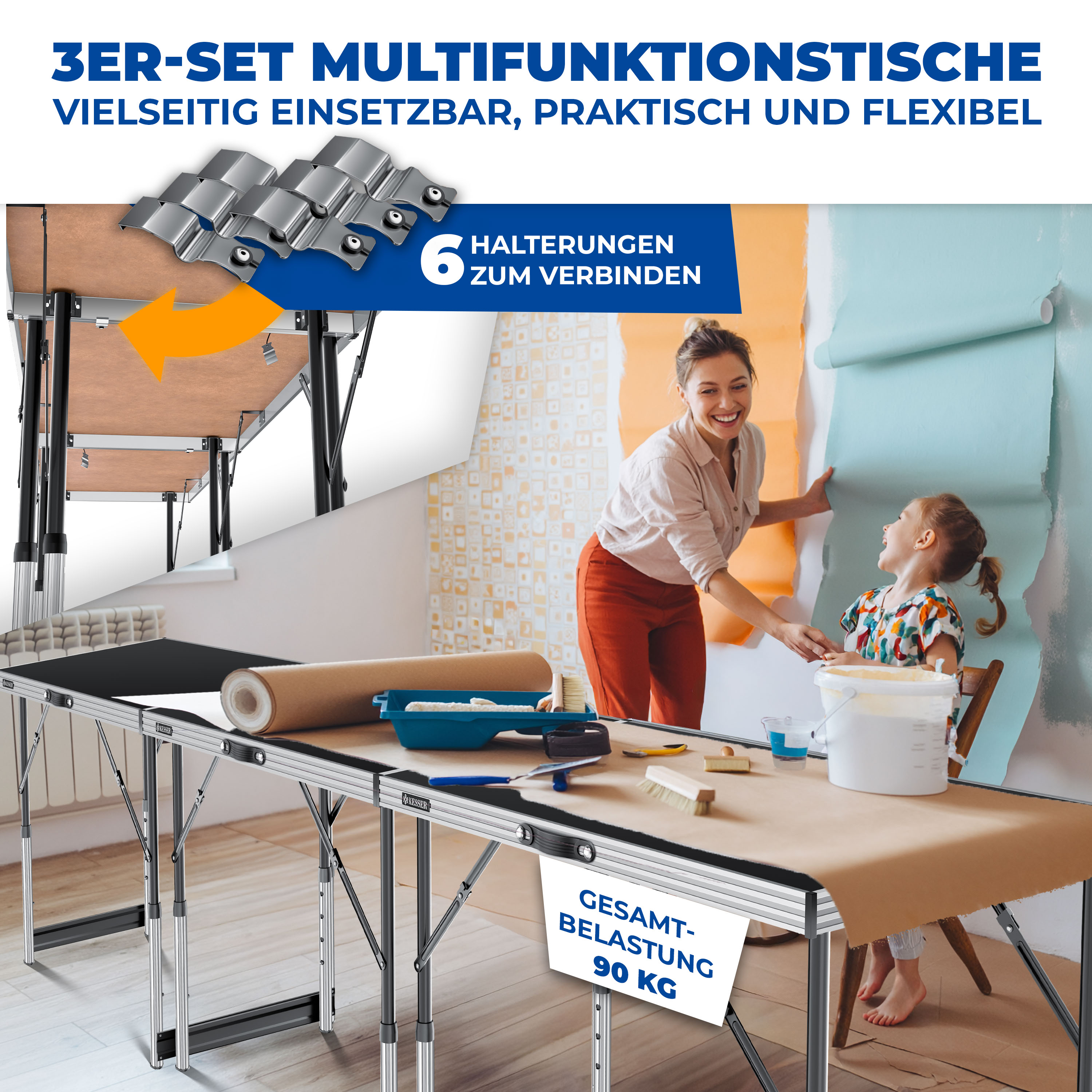 KESSER® Multifunktionstisch Profi 3- teilig, 100 x 60 cm, Tapeziertisch 30kg Tragkraft je Tisch Mit Ausziehfunktion Klapptisch Flohmarktisch