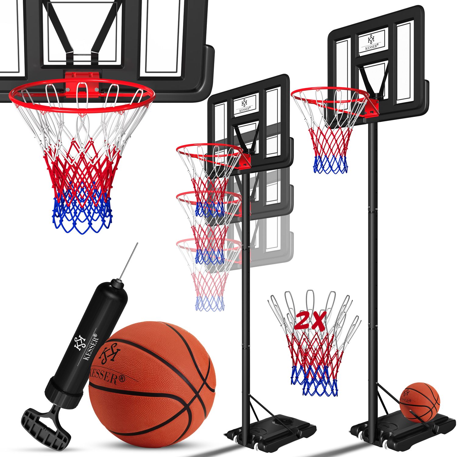KESSER&reg; Basketballkorb Premium mit St&auml;nder Rollen Inkl. Basketball + Pumpe verstellbare Korbh&ouml;he 230 bis 305 cm h&ouml;henverstellbar Korbanlage Outdoor komplett Basketballanlage f&uuml;r Erwachsene Kinder 