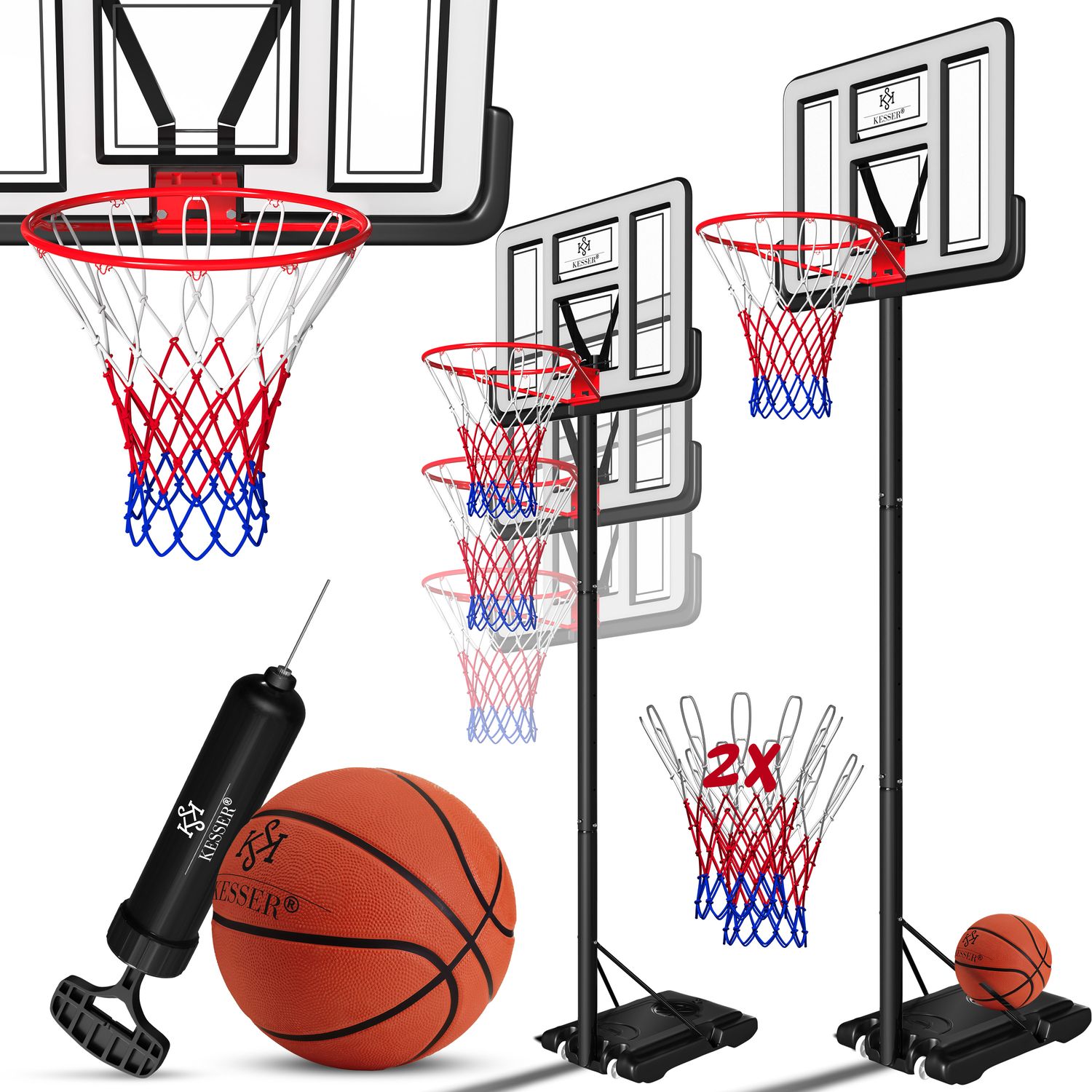 KESSER&reg; Basketballkorb Premium mit St&auml;nder Rollen Inkl. Basketball + Pumpe verstellbare Korbh&ouml;he 230 bis 305 cm h&ouml;henverstellbar Korbanlage Outdoor komplett Basketballanlage f&uuml;r Erwachsene Kinder 