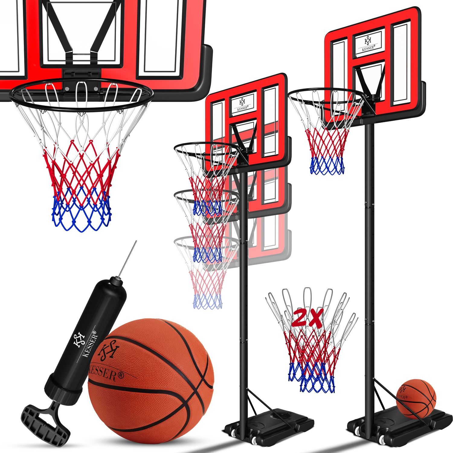 KESSER&reg; Basketballkorb Premium mit St&auml;nder Rollen Inkl. Basketball + Pumpe verstellbare Korbh&ouml;he 230 bis 305 cm h&ouml;henverstellbar Korbanlage Outdoor komplett Basketballanlage f&uuml;r Erwachsene Kinder 