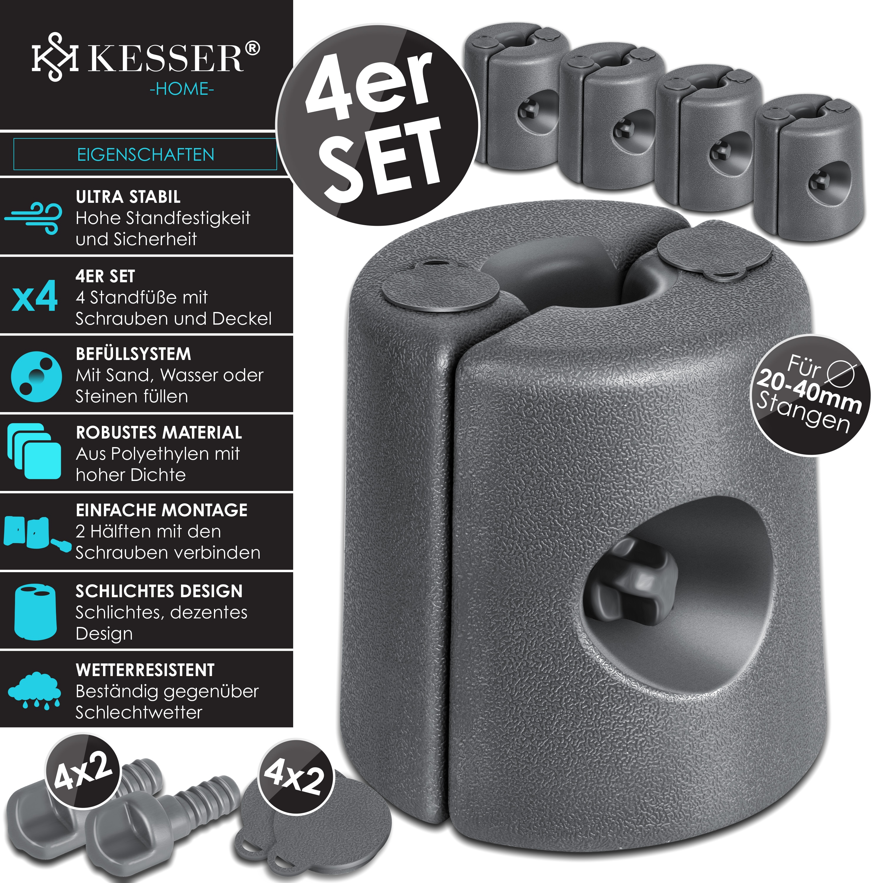 Montafox Pavillon-Standfüße – 4 Stück, Befüllbar Mit Sand/Wasser, Für Stangen 20–30 Mm, Schwarz