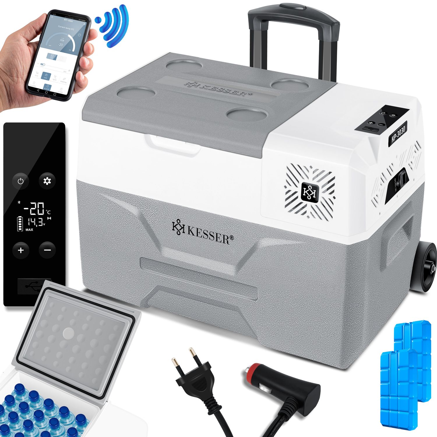 KESSER&reg; Kompressor K&uuml;hlbox elektrisch Gefrierbox, Mit APP-Steuerung USB-Anschluss 12/24 V 230V, +Teleskopstange, K&uuml;hlakkus R&auml;der K&uuml;hlschrank K&uuml;hlung bis -20 &deg;C f&uuml;r Auto, Lkw, Boot, Reisemobil, Camping 