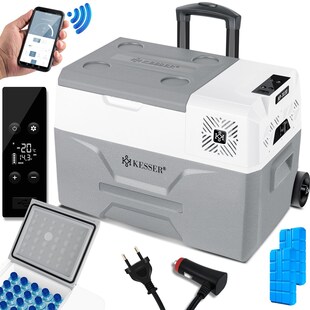 KESSER® Kompressor Kühlbox elektrisch Gefrierbox, Mit APP-Steuerung USB-Anschluss 12/24 V 230V, +Teleskopstange, Kühlakkus Räder Kühlschrank Kühlung bis -20 °C für Auto, Lkw, Boot, Reisemobil, Camping 
