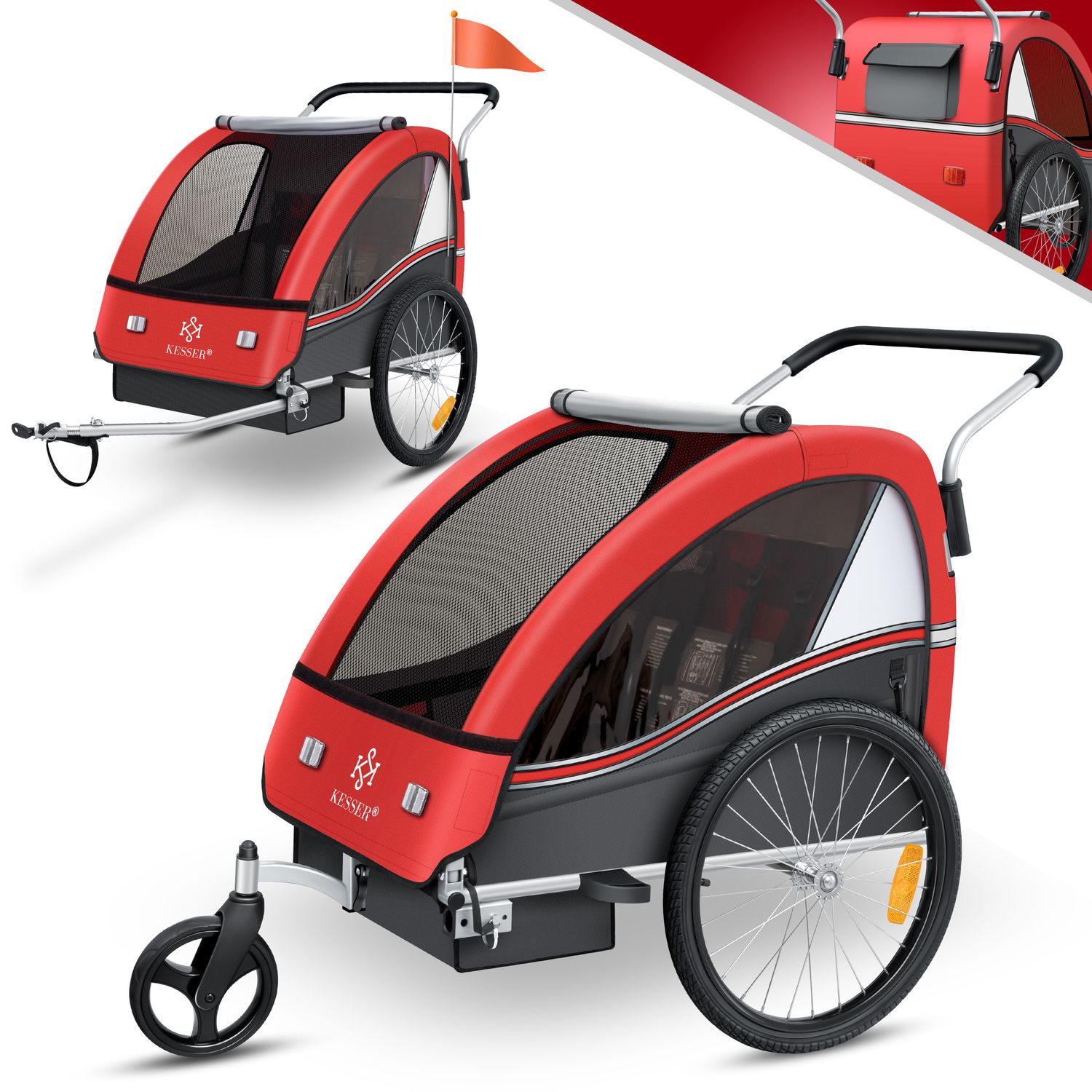 KESSER&reg; Kinderanh&auml;nger Fahrradanh&auml;nger Sport-RX 2 in 1 Joggerfunktion Kinderfahrradanh&auml;nger + 5-Punkt Sicherheitsgurt 360&deg;-Vorderrad Jogger Buggy Fahrrad Anh&auml;nger f&uuml;r 1 bis 2 Kinder max. 40kg 