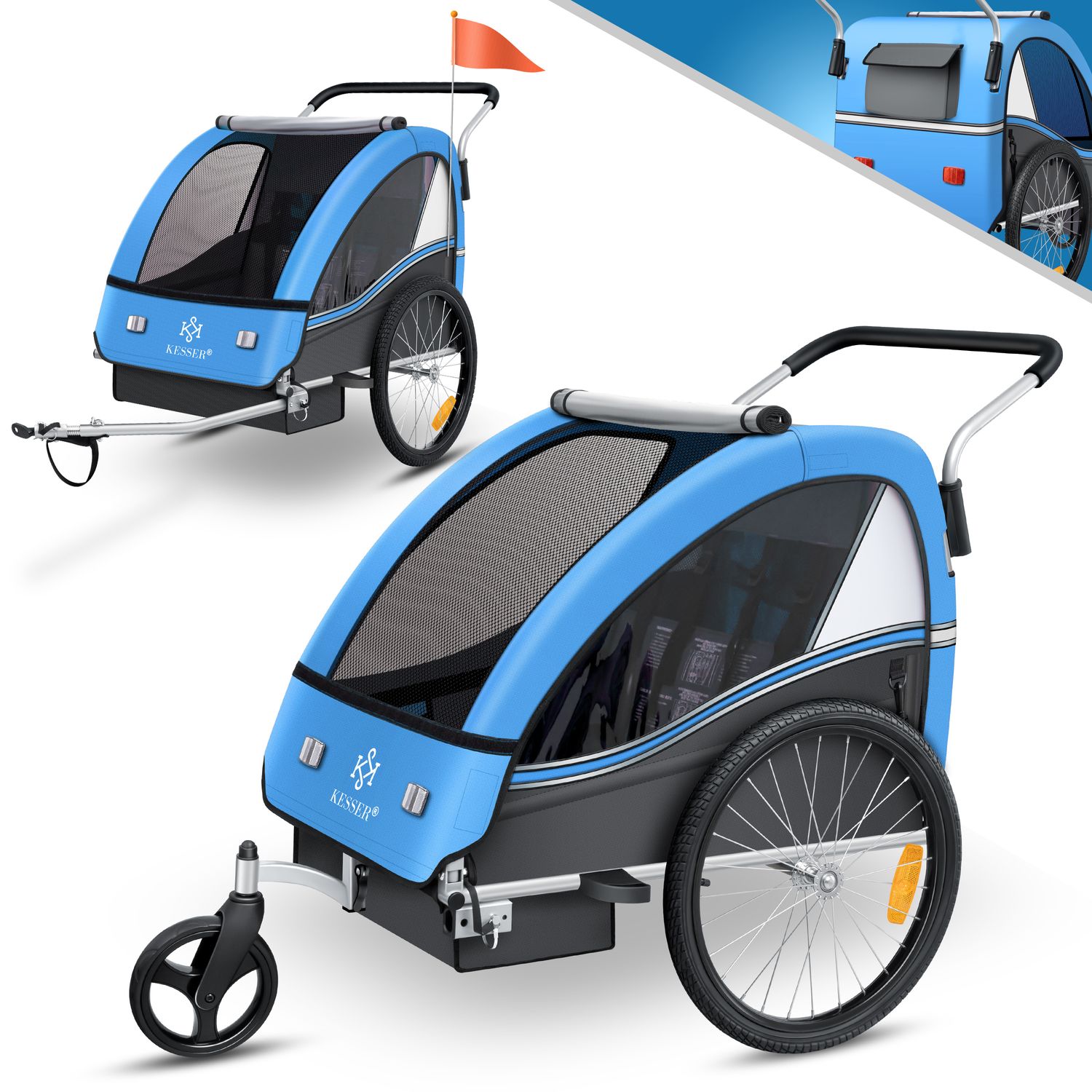 KESSER&reg; Kinderanh&auml;nger Fahrradanh&auml;nger Sport-RX 2 in 1 Joggerfunktion Kinderfahrradanh&auml;nger + 5-Punkt Sicherheitsgurt 360&deg;-Vorderrad Jogger Buggy Fahrrad Anh&auml;nger f&uuml;r 1 bis 2 Kinder max. 40kg 