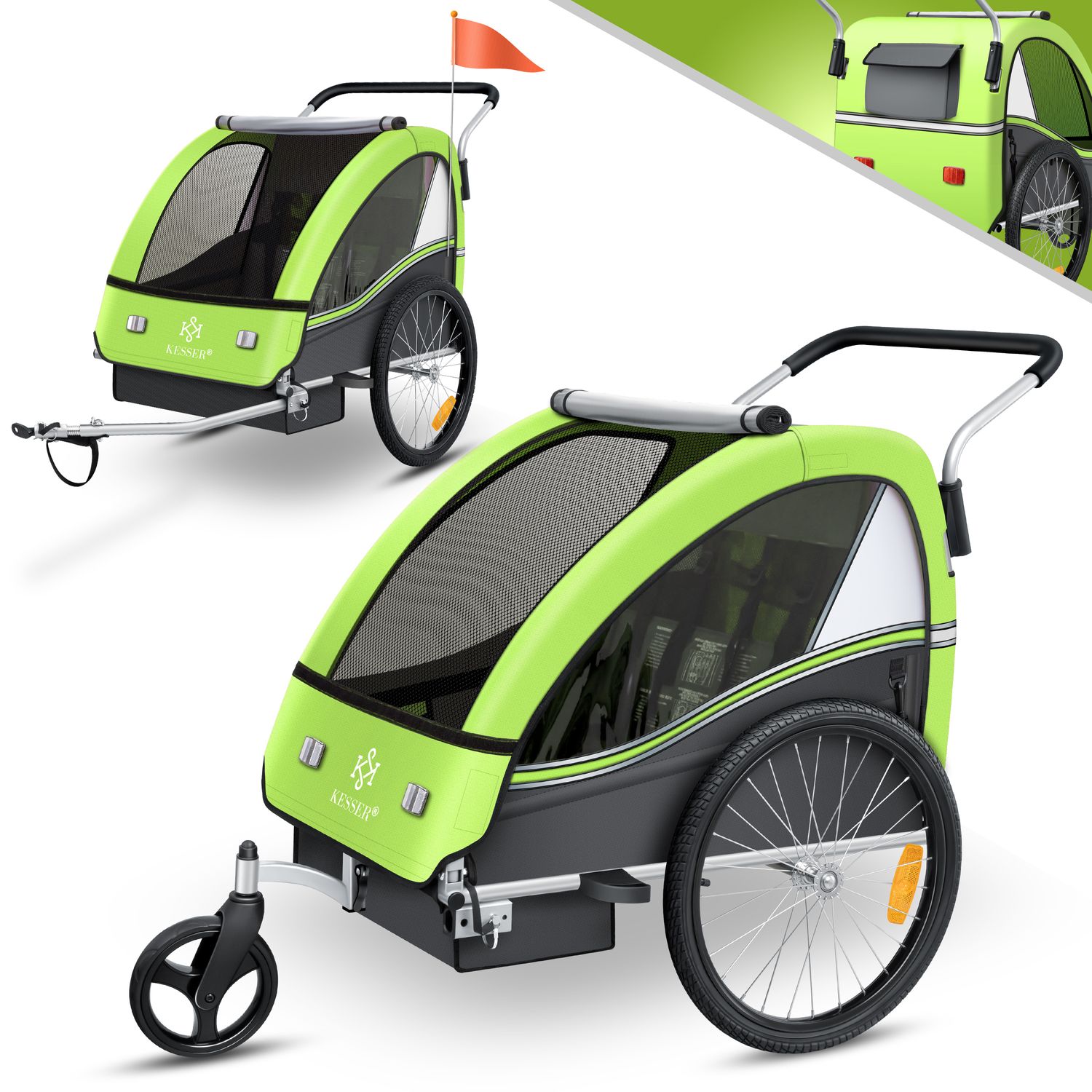 KESSER&reg; Kinderanh&auml;nger Fahrradanh&auml;nger Sport-RX 2 in 1 Joggerfunktion Kinderfahrradanh&auml;nger + 5-Punkt Sicherheitsgurt 360&deg;-Vorderrad Jogger Buggy Fahrrad Anh&auml;nger f&uuml;r 1 bis 2 Kinder max. 40kg 
