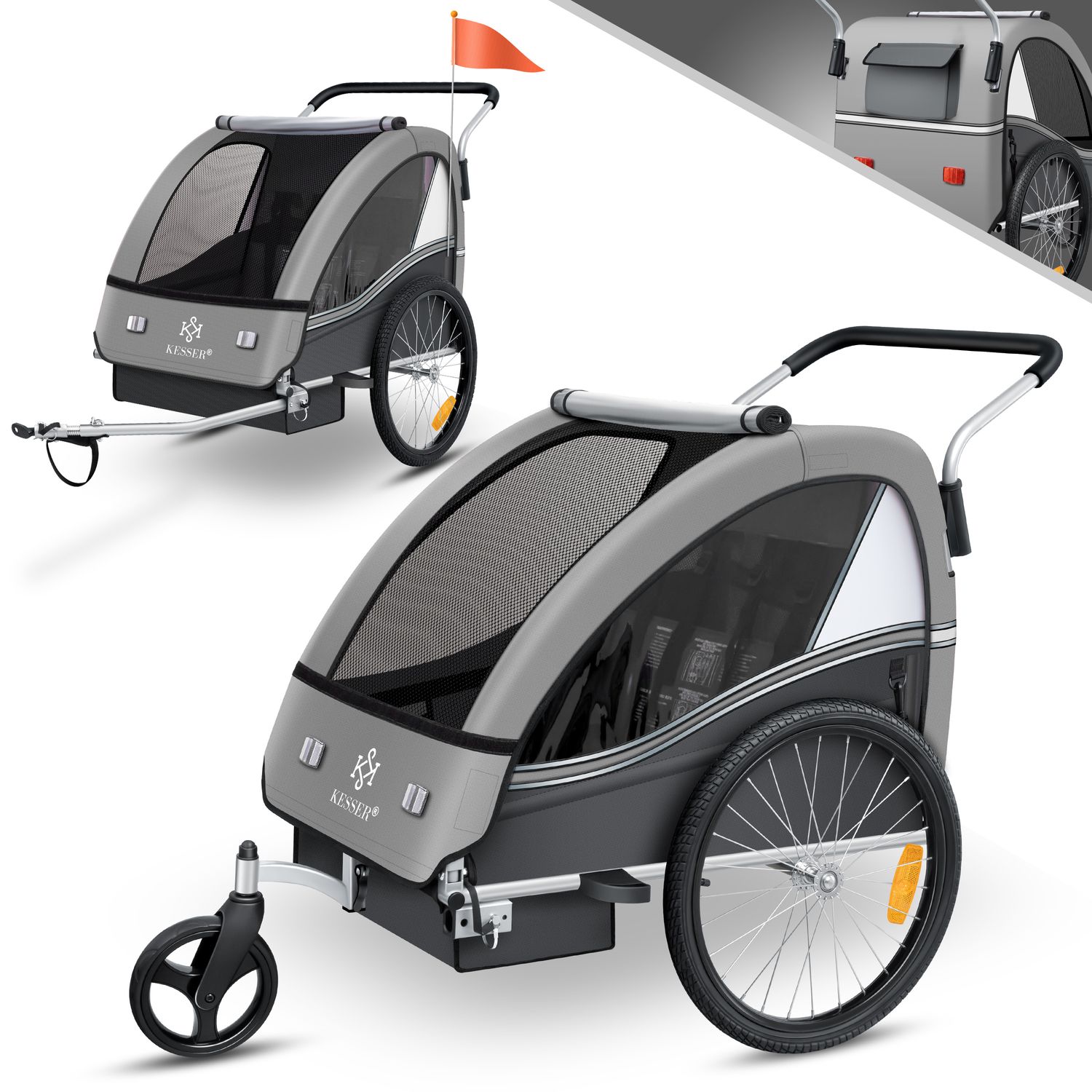 KESSER&reg; Kinderanh&auml;nger Fahrradanh&auml;nger Sport-RX 2 in 1 Joggerfunktion Kinderfahrradanh&auml;nger + 5-Punkt Sicherheitsgurt 360&deg;-Vorderrad Jogger Buggy Fahrrad Anh&auml;nger f&uuml;r 1 bis 2 Kinder max. 40kg 