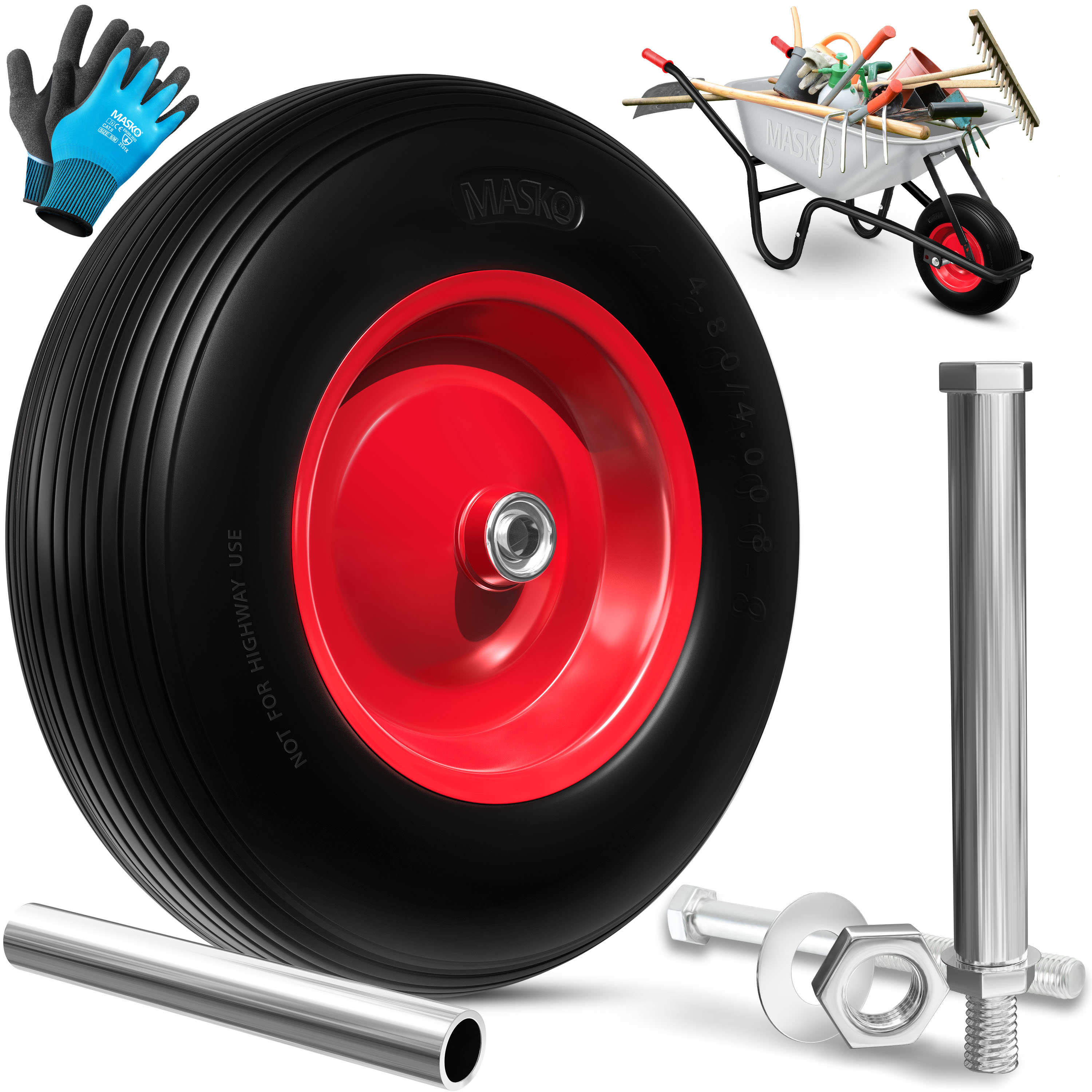 MASKO&reg; PU Schubkarrenrad Vollgummi 200 kg pannensicher 4.80/4.00-8 &Oslash; 390mm inkl. Achse Ersatzrad Gummirad Stahlfelge Reifen pannensicher f&uuml;r Schubkarre Gartenkarren pannensicheres PU Rad 