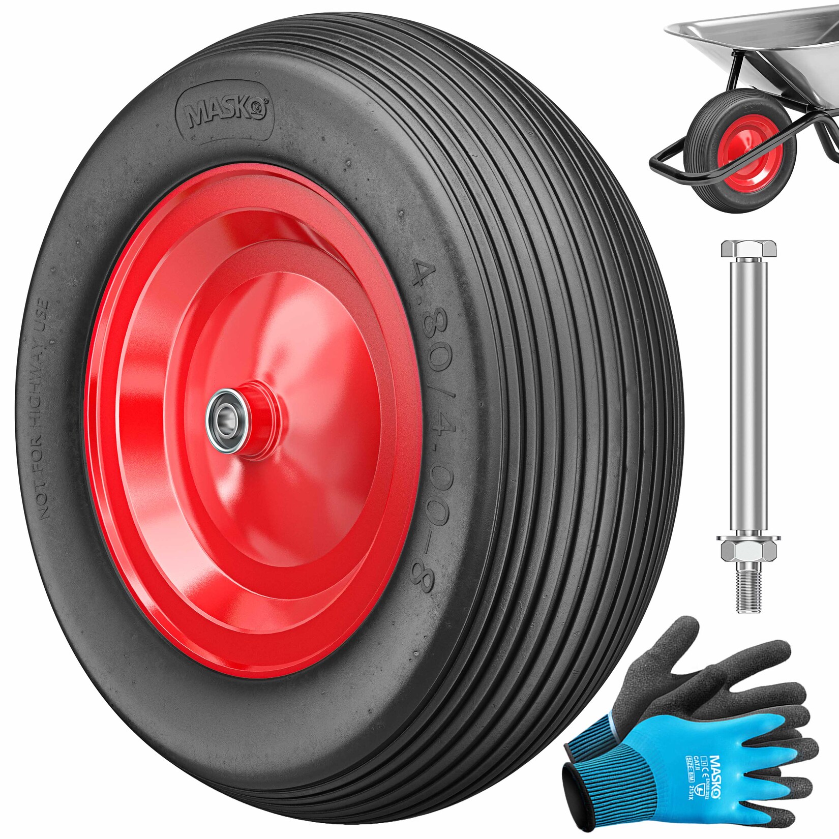 ® PU Schubkarrenrad Vollgummi  pannensicher 4.80/4.00-8 Ø 390mm inkl. Achse Ersatzrad Gummirad Stahlfelge Reifen pannensicher für Schubkarre Gartenkarren pannensicheres PU Rad