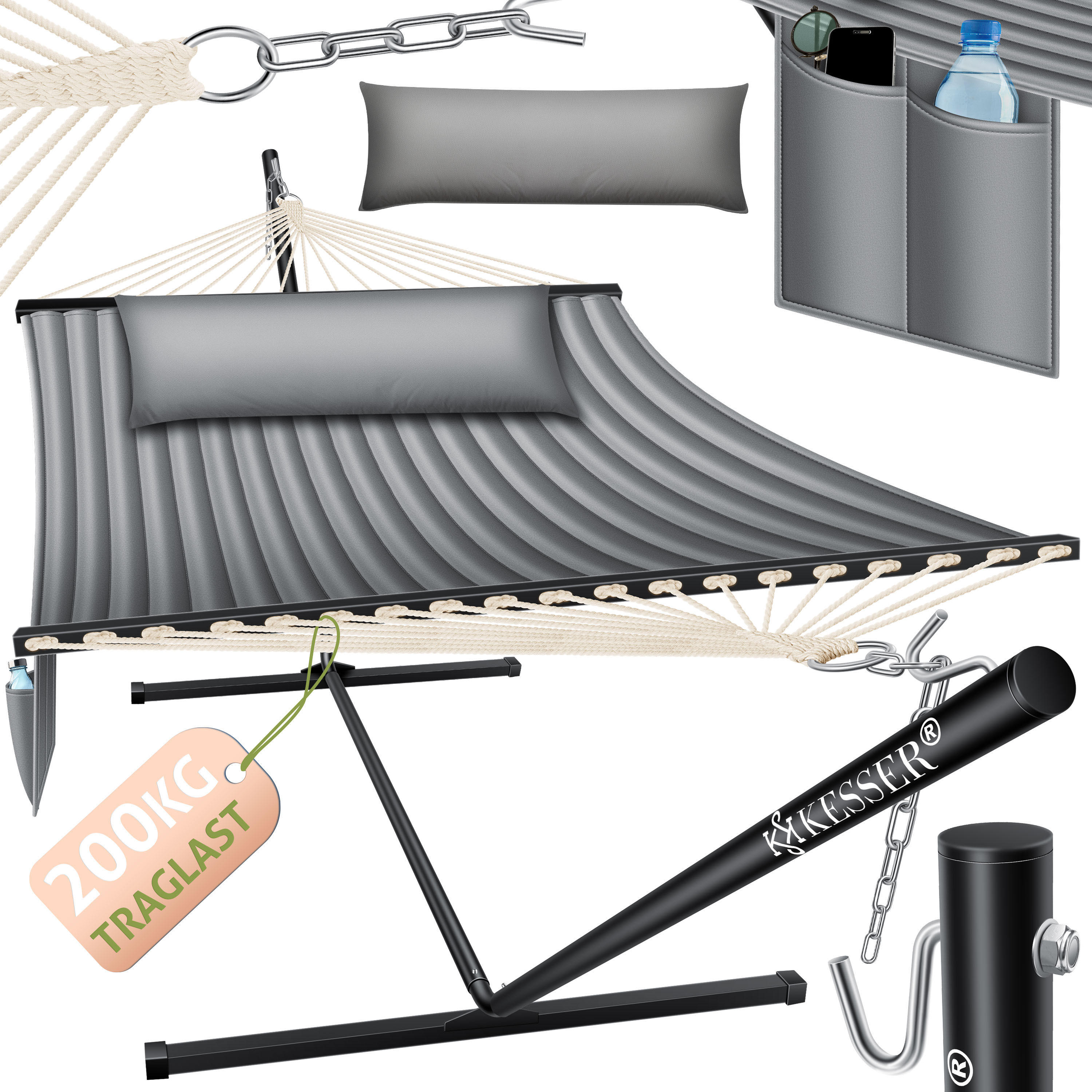 KESSER&reg; H&auml;ngematte HILL mit Gestell Kissen Doppelh&auml;ngematte f&uuml;r 2 Personen-Stabiler Rahmen -200kg Belastbarkeit Indoor & Outdoor XXL H&auml;ngesessel Doppel Mehrpersonen Garten Pool Balkon Terrasse 