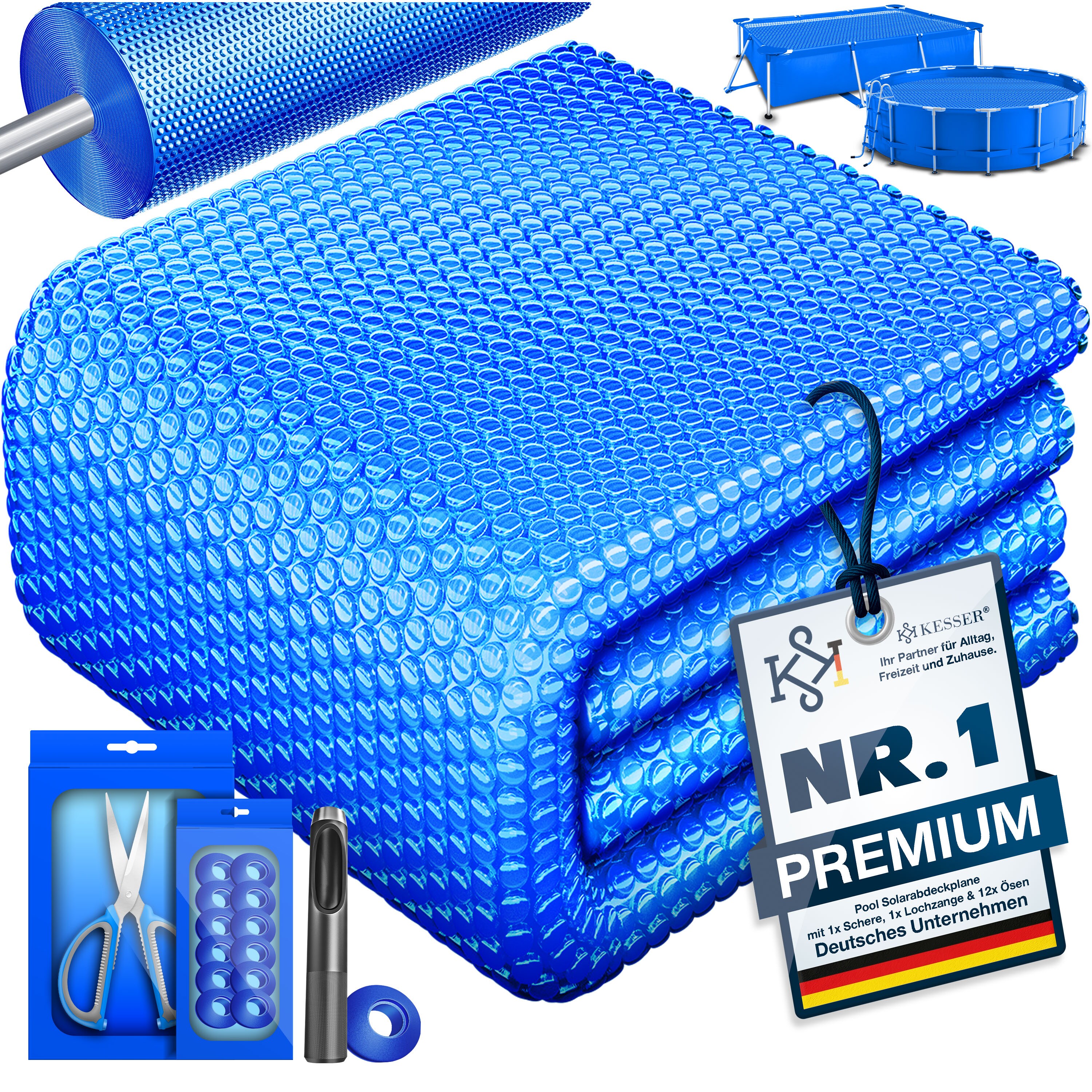 KESSER&reg; Pool Solarabdeckplane | Solarfolie St&auml;rke 120&micro;m | Solarabdeckung Solarplane zuschneidbar | Poolsolarplane Solar Folie inkl. 1x Schere, 1x Lochzange & 12x &Ouml;sen | Poolheizung f&uuml;r Wassererw&auml;rmung 