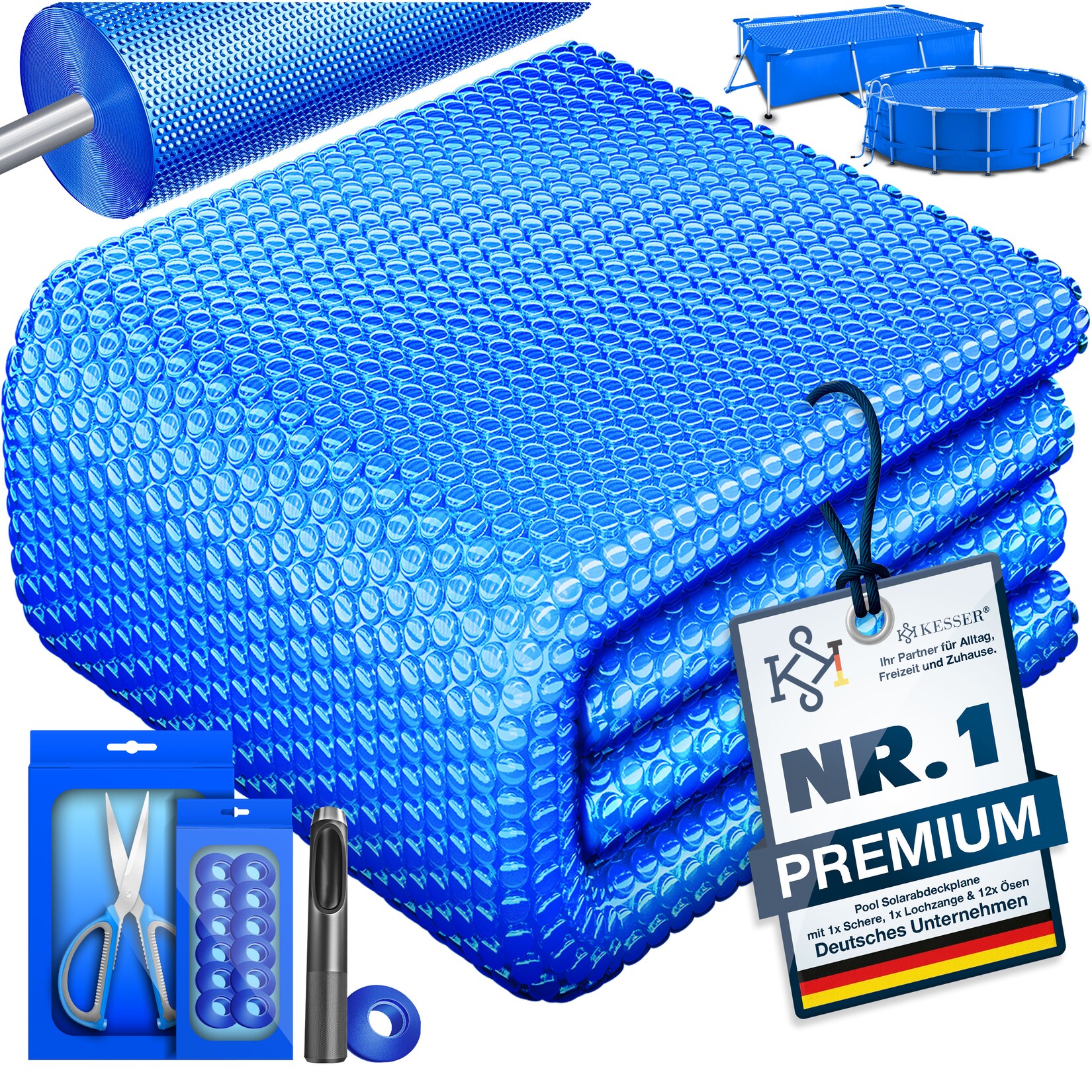 ® Pool Solarabdeckplane   Solarfolie Stärke 120µm   Solarabdeckung Solarplane zuschneidbar   Poolsolarplane Solar Folie inkl. 1x Schere, 1x Lochzange & 12x Ösen   Poolheizung für Wassererwärmung
