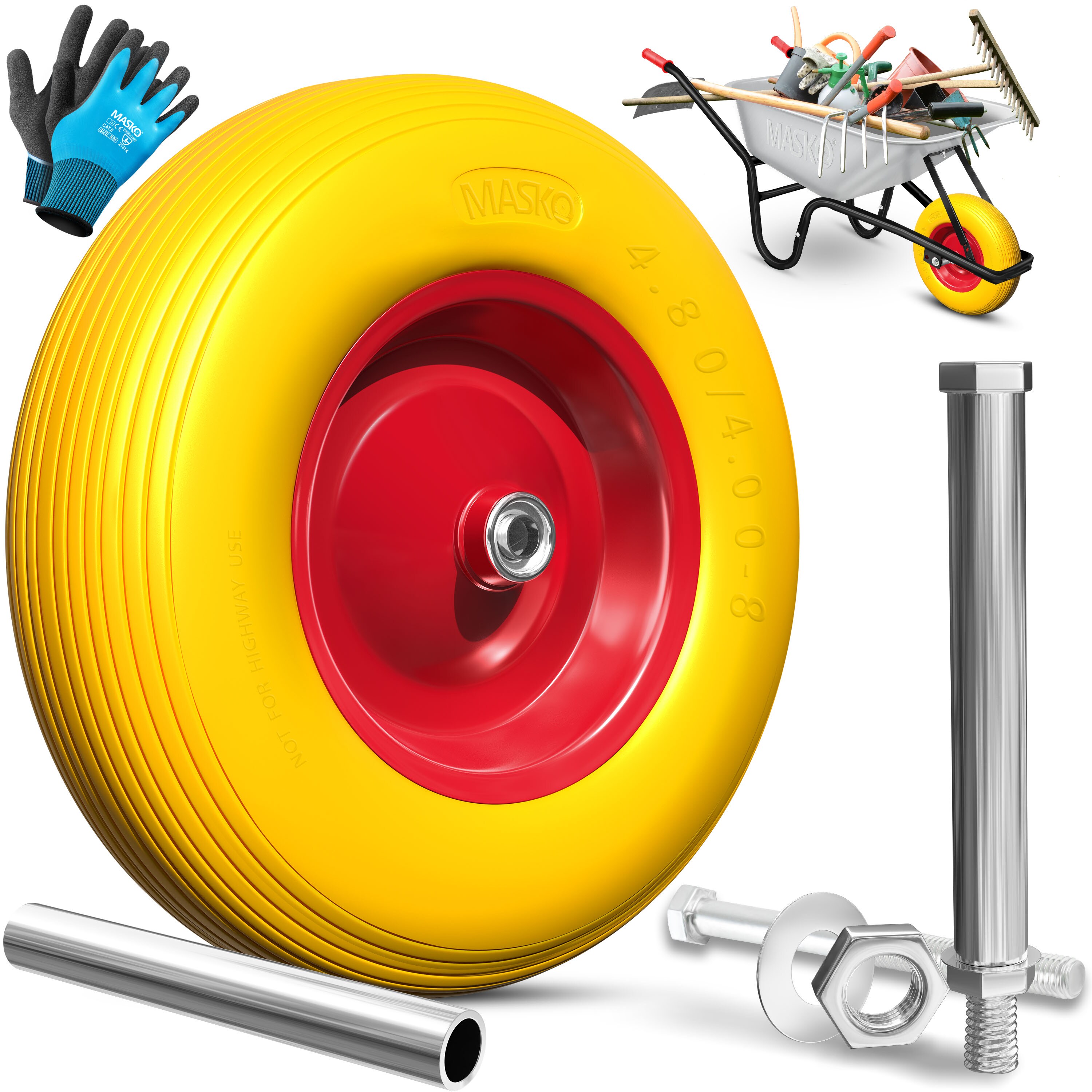 MASKO&reg; PU Schubkarrenrad Vollgummi 200 kg pannensicher 4.80/4.00-8 &Oslash; 390mm inkl. Achse Ersatzrad Gummirad Stahlfelge Reifen pannensicher f&uuml;r Schubkarre Gartenkarren pannensicheres PU Rad 