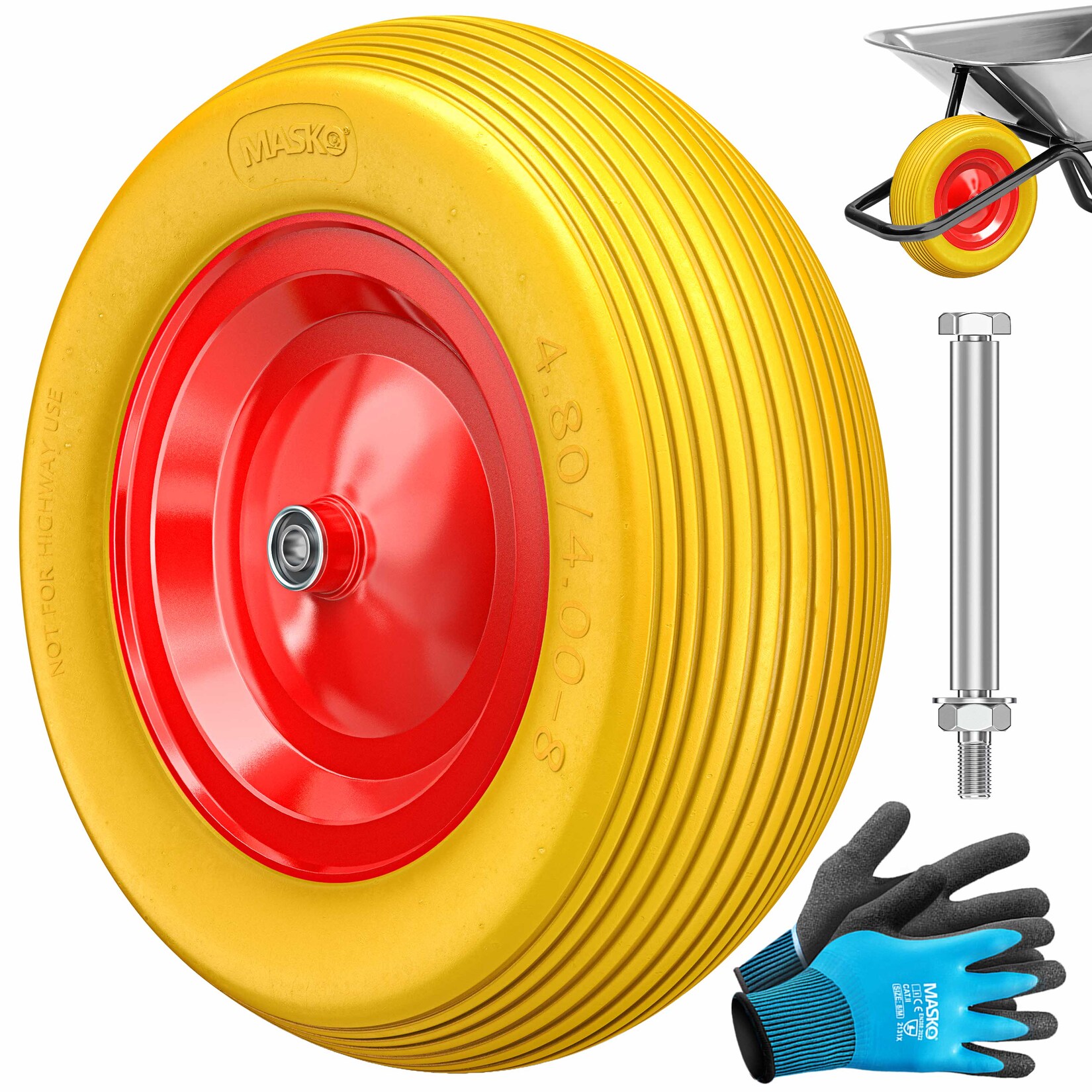 ® PU Schubkarrenrad Vollgummi  pannensicher 4.80/4.00-8 Ø 390mm inkl. Achse Ersatzrad Gummirad Stahlfelge Reifen pannensicher für Schubkarre Gartenkarren pannensicheres PU Rad