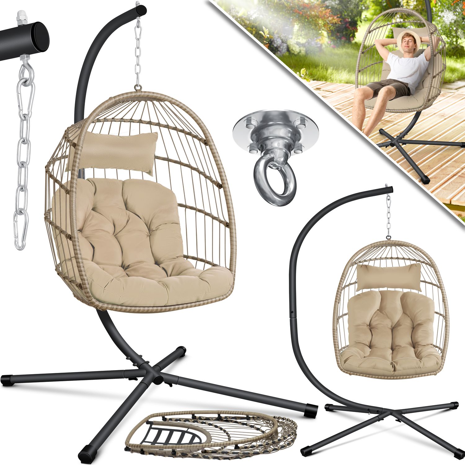 KESSER&reg; H&auml;ngesessel Jungle mit Gestell Stahl H&auml;ngekorb Sessel Inkl. Gro&szlig;en Kissen + Decken Halterung - H&auml;ngeschaukel H&auml;ngesitz Indoor - Outdoor Schaukel H&auml;ngestuhl f&uuml;r Kinder und Erwachsene 