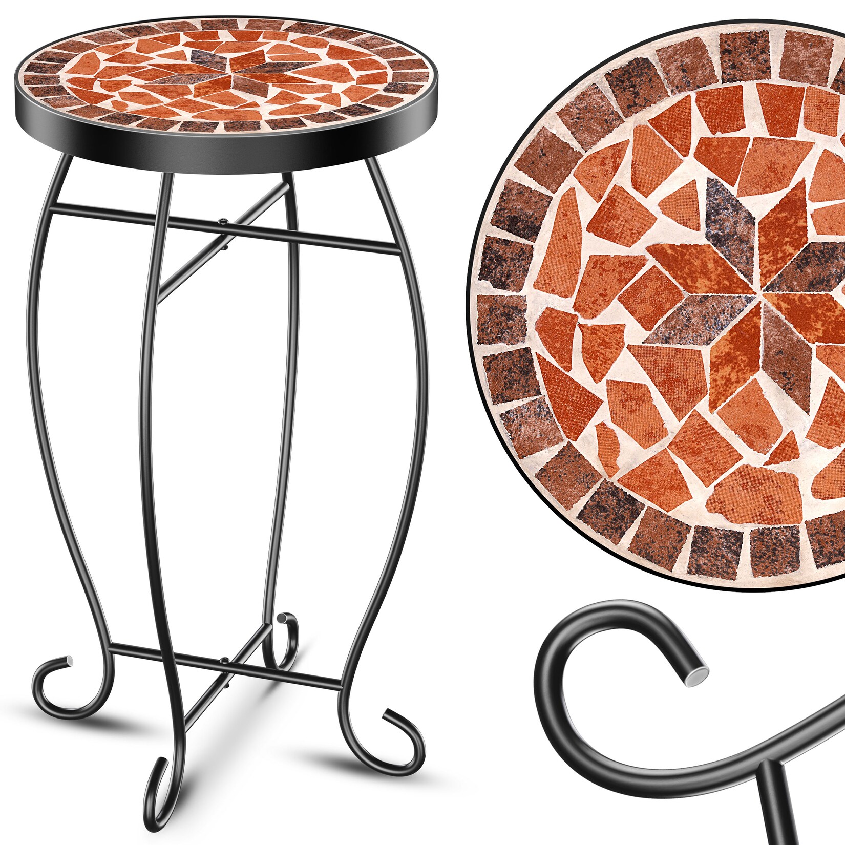 ® Mosaiktisch Bistrotisch Blumenhocker Rund 60x34cm Metall Mosaik Beistelltisch Balkontisch Gartentische Terrassentisch Balkon Steinmosaik Garten Gartentisch Indoor Outdoor