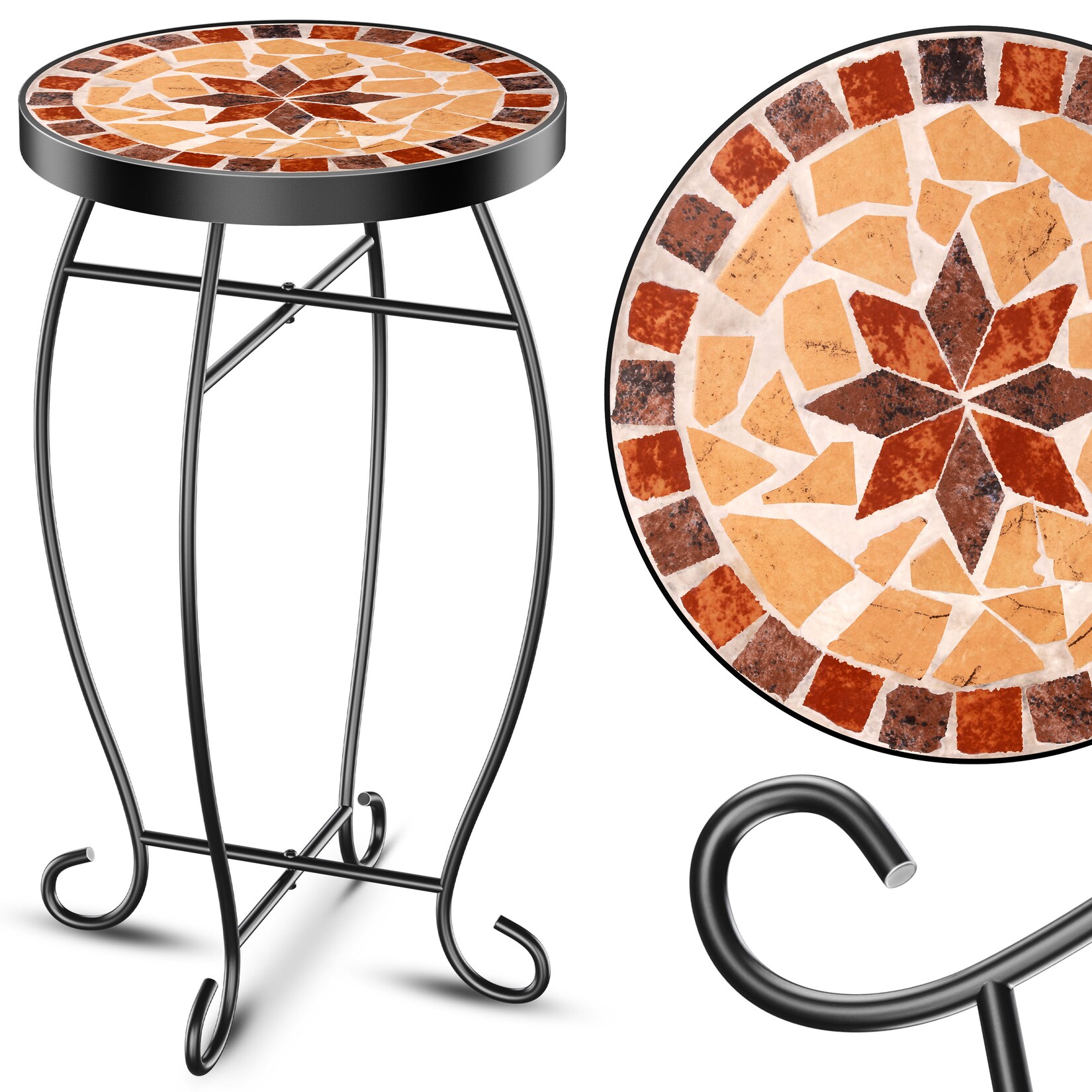 ® Mosaiktisch Bistrotisch Blumenhocker Rund 60x34cm Metall Mosaik Beistelltisch Balkontisch Gartentische Terrassentisch Balkon Steinmosaik Garten Gartentisch Indoor Outdoor