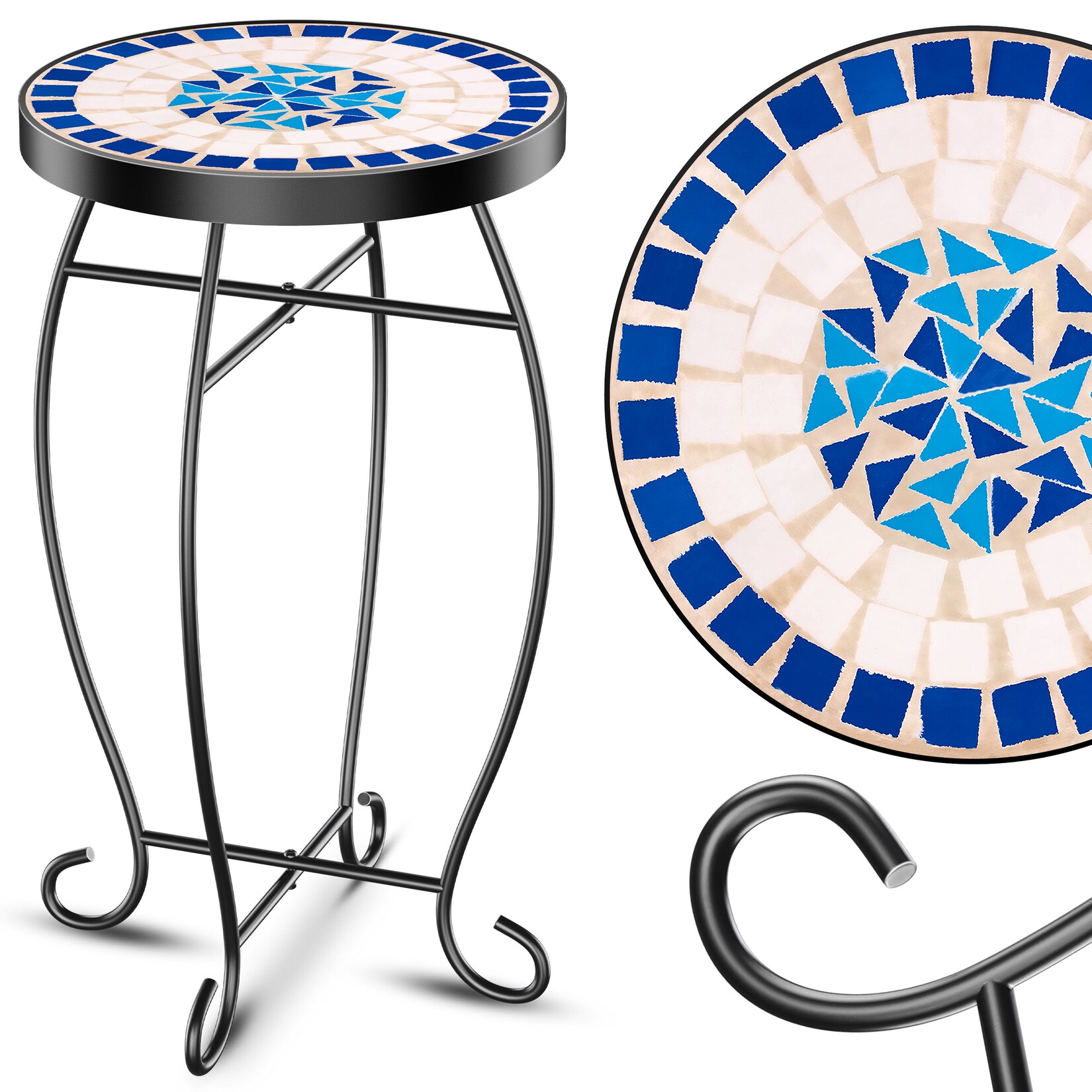 ® Mosaiktisch Bistrotisch Blumenhocker Rund 60x34cm Metall Mosaik Beistelltisch Balkontisch Gartentische Terrassentisch Balkon Steinmosaik Garten Gartentisch Indoor Outdoor