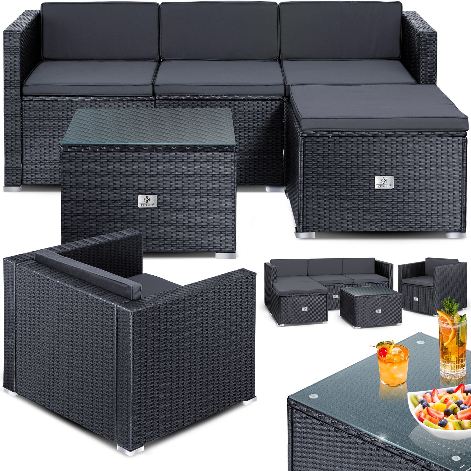 KESSER&reg; Polyrattan Lounge Aruba &ndash; Gartenlounge f&uuml;r 4-5 Personen Gartenm&ouml;bel-Set Sitzgruppe aus 3er Gartensofa, Sessel, Hocker und Beistelltisch mit Sitzkissen - f&uuml;r Garten, Terrasse und Balkon 
