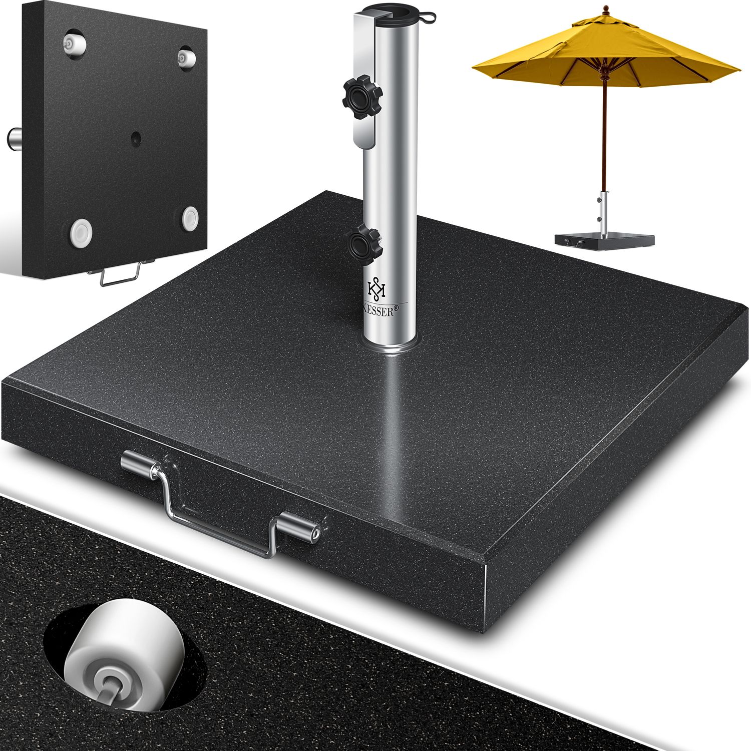 KESSER&reg; Granit Sonnenschirmst&auml;nder mit Edelstahlrohr, Hochwertiger Schirmst&auml;nder Sockel 30KG - f&uuml;r Schirmst&ouml;cke bis 16-48 mm, Inkl. Transport Griff Garten Balkonschirmst&auml;nder 