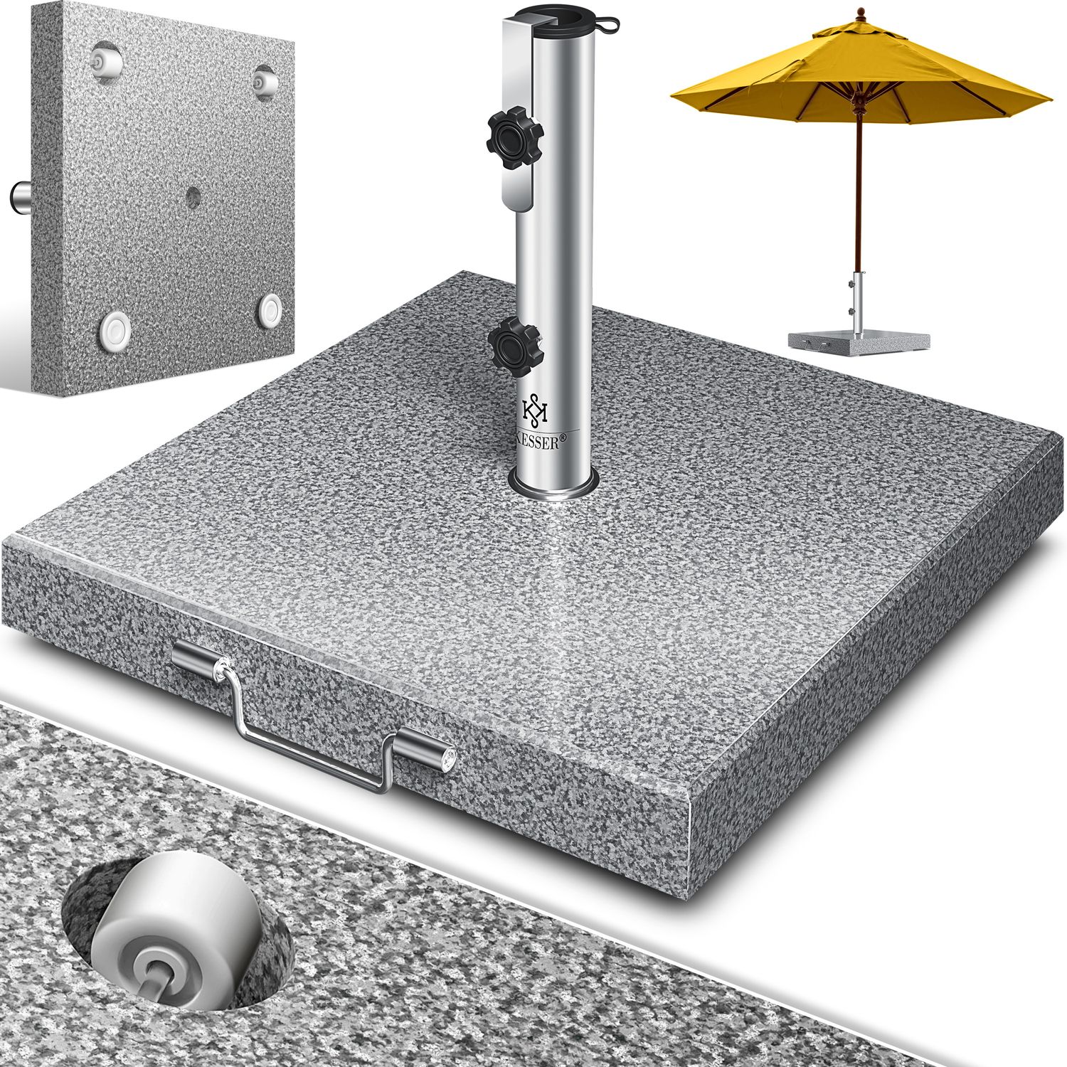 KESSER&reg; Granit Sonnenschirmst&auml;nder mit Edelstahlrohr, Hochwertiger Schirmst&auml;nder Sockel 30KG - f&uuml;r Schirmst&ouml;cke bis 16-48 mm, Inkl. Transport Griff Garten Balkonschirmst&auml;nder 