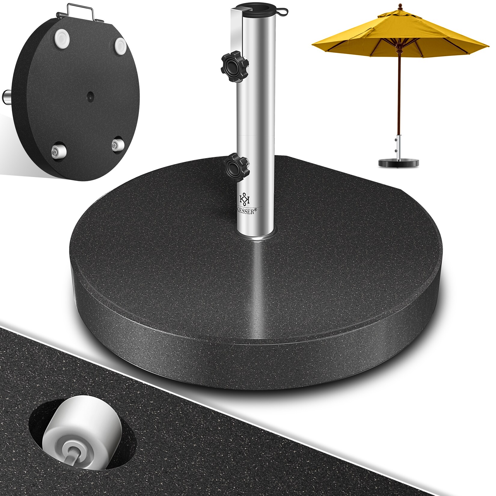 ® Granit Sonnenschirmständer mit Edelstahlrohr, Hochwertiger Schirmständer Sockel  - für Schirmstöcke bis 16-48 mm, Inkl. Transport Griff Garten Balkonschirmständer
